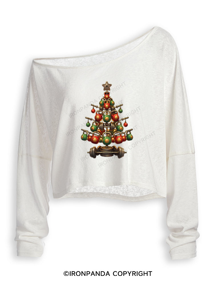GYM LIFTMAS WORKOUT KETTLEBELL CHRISTMAS TREE Off Shoulder Long Sleeve Crop Top