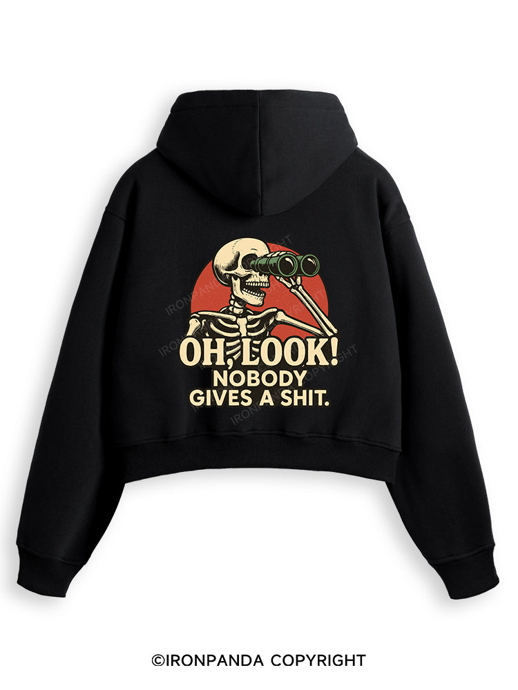 OH, LOOK! NOBODY GIVES A SHIT Fleece Crop Zip Up Hoodie