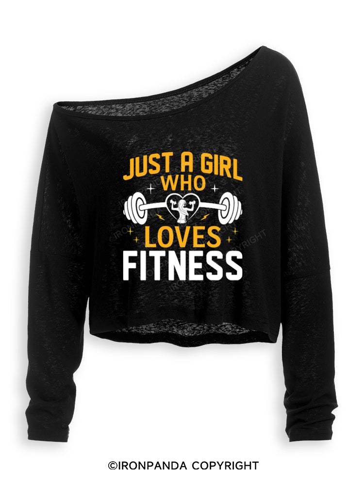 JUST A GIRL WHO LOVES FITNESS HEART Off Shoulder Long Sleeve Crop Top