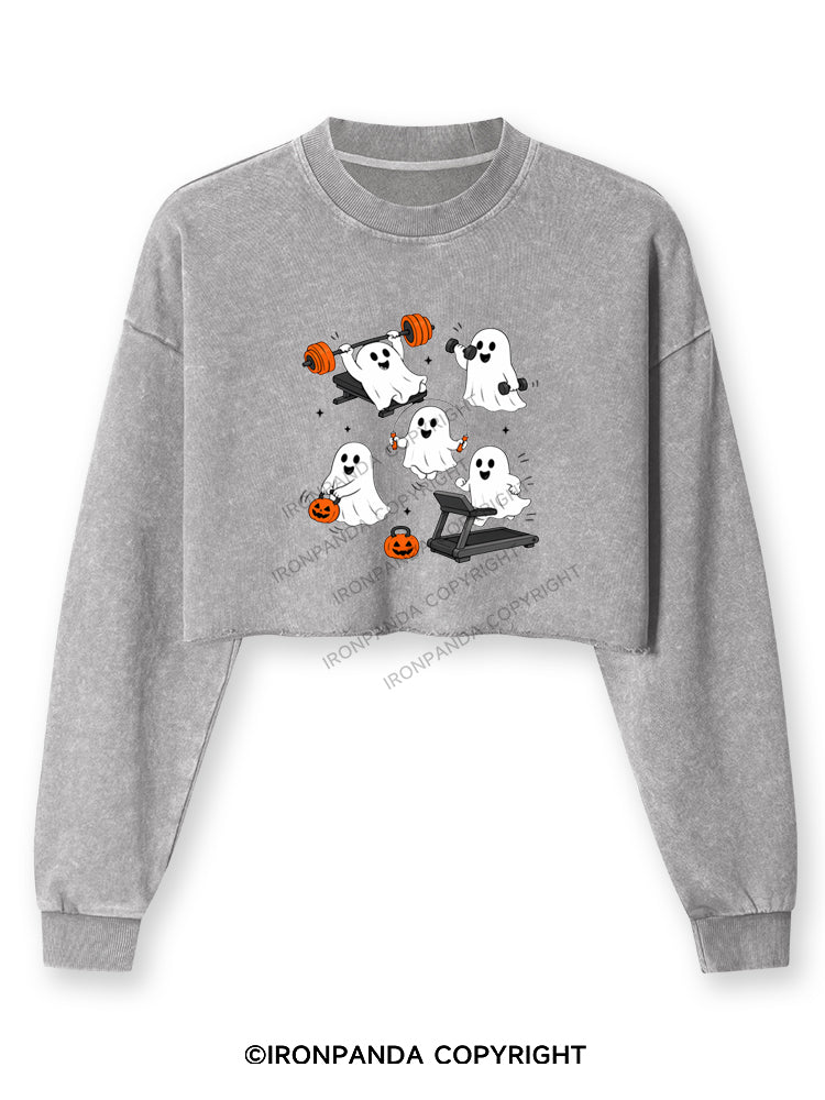 GHOST HALLOWEEN WORKOUT FITNESS Washed Long-Sleeve Crop Top