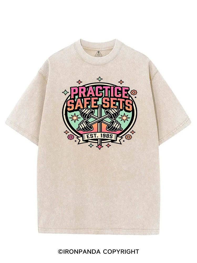 PRACTICE SAFE SETS FUNNY RETRO VINTAGE GYM SHIRT