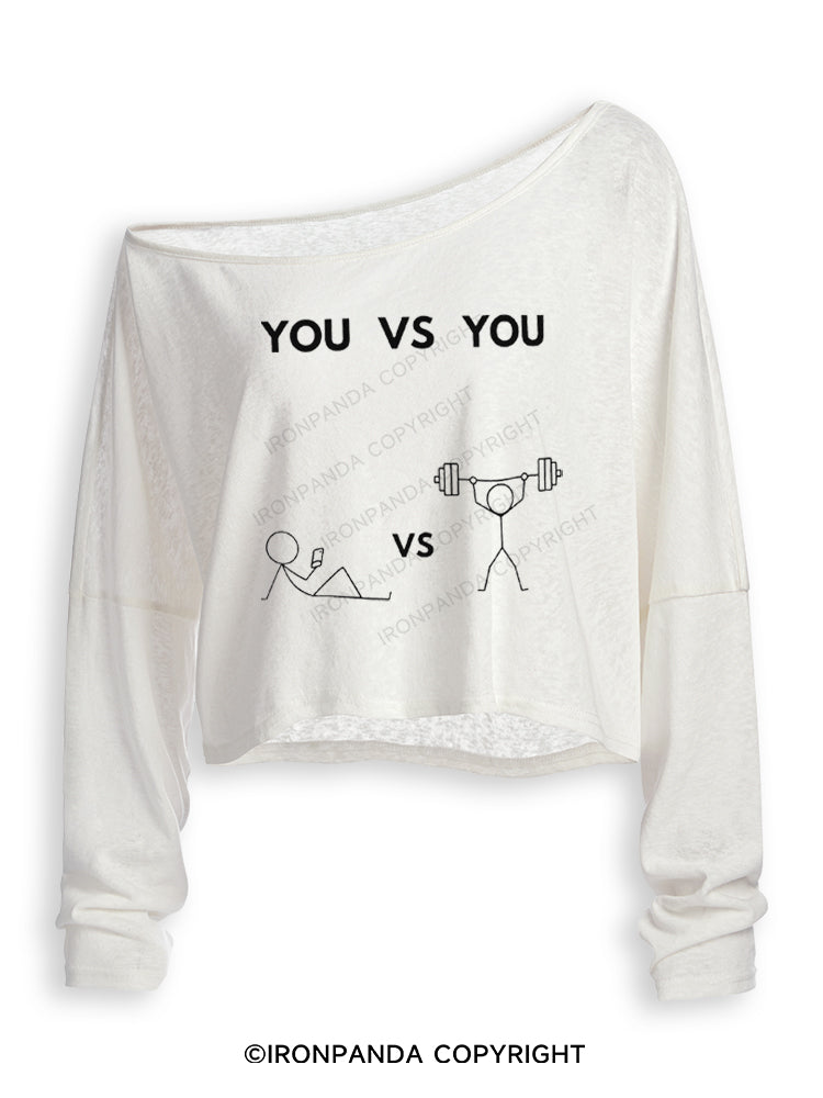 YOU VS YOU GYM VIBE Off Shoulder Long Sleeve Crop Top