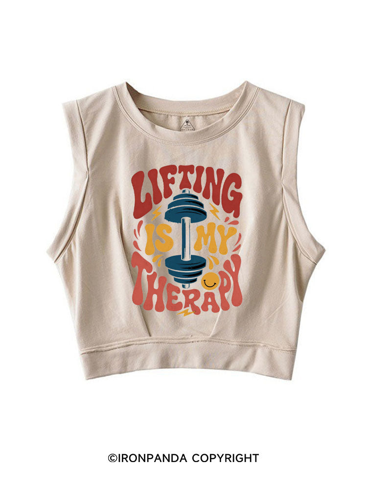 LIFTING IS MY THERAPY FUNNY WORKOUT SLEEVELESS CROP TOPS