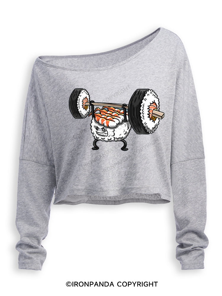 Weightlifting Sushi Funny Off Shoulder Long Sleeve Crop Top