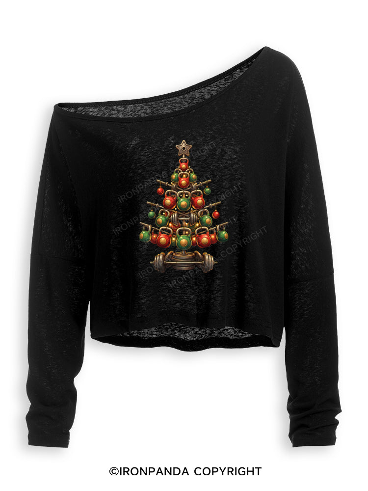 GYM LIFTMAS WORKOUT KETTLEBELL CHRISTMAS TREE Off Shoulder Long Sleeve Crop Top