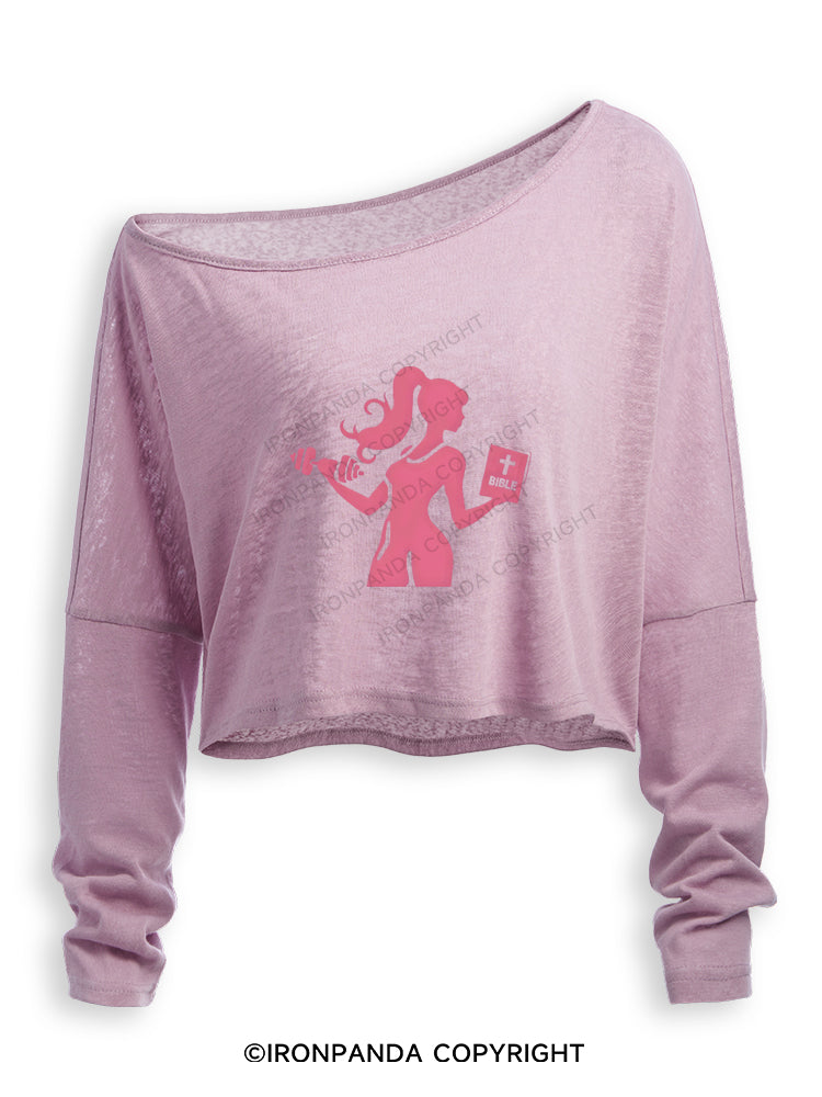 BADDIE GYM GIRL GOD'S GIRL Off Shoulder Long Sleeve Crop Top