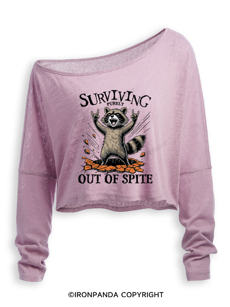 Raccoon Surviving Purely Out of Spite Off Shoulder Long Sleeve Crop Top