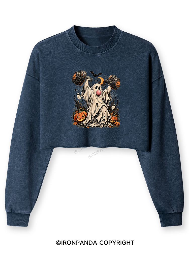 VINTAGE GHOST GYM WEIGHTLIFTING Washed Long-Sleeve Crop Top