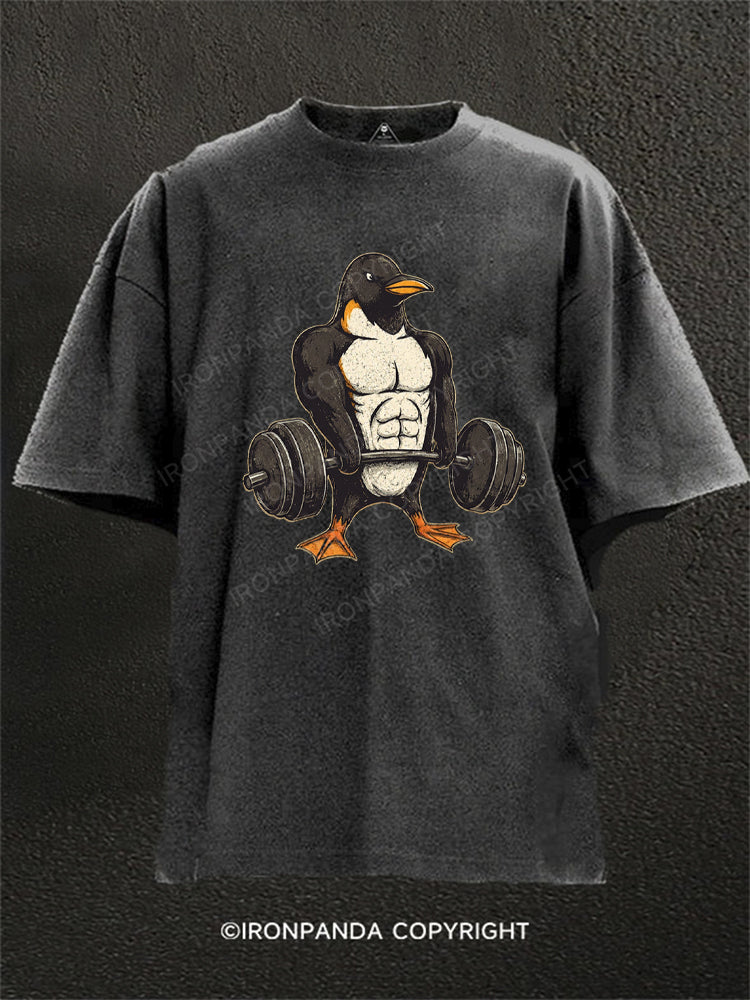 Muscular Penguin Deadlifting Heavy Washed Gym Shirt