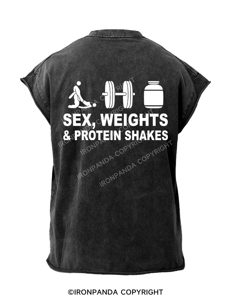 SEX WEIGHTS & PROTEIN SHAKES Back Printed Cut Off Tank