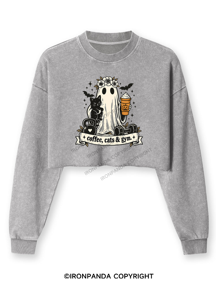 COFFEE, CATS & GYM HAPPY HALLOWEEN Washed Long-Sleeve Crop Top