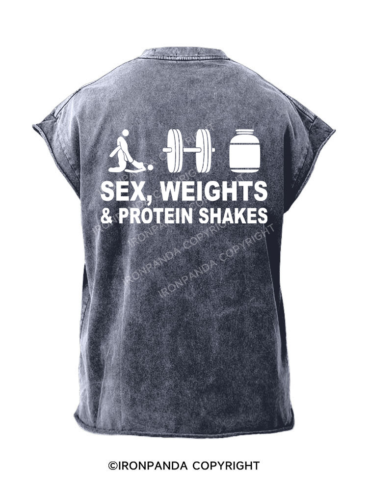 SEX WEIGHTS & PROTEIN SHAKES Back Printed Cut Off Tank