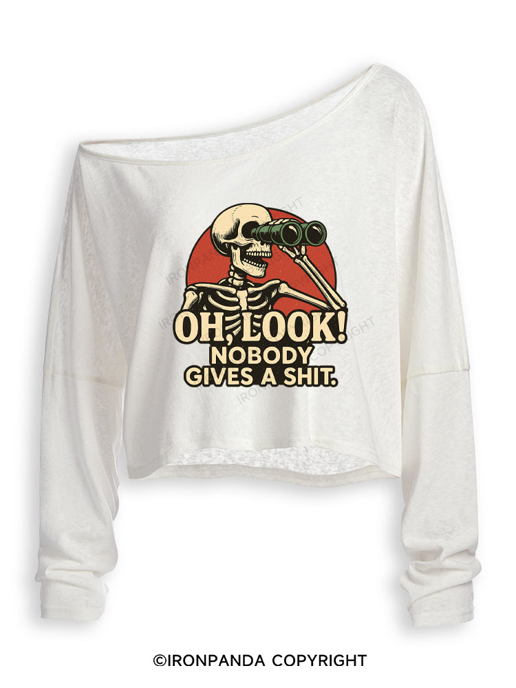 OH, LOOK! NOBODY GIVES A SHIT Off Shoulder Long Sleeve Crop Top