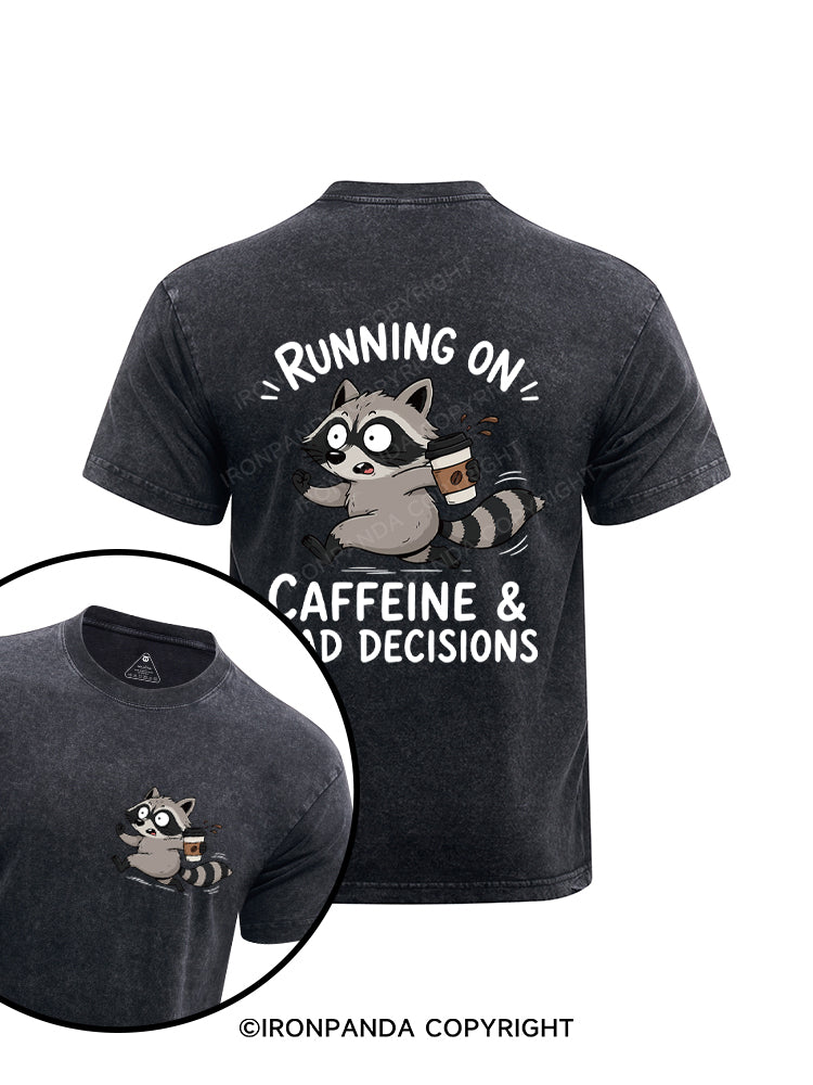 Running On Caffeine And Bad Decisions Funny Raccoon Printed Washed Gym Shirt