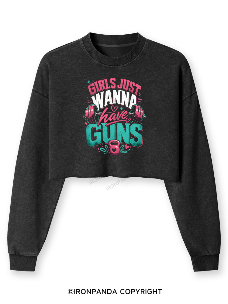 GIRLS JUST WANNA HAVE GUNS WORKOUT Washed Long-Sleeve Crop Top