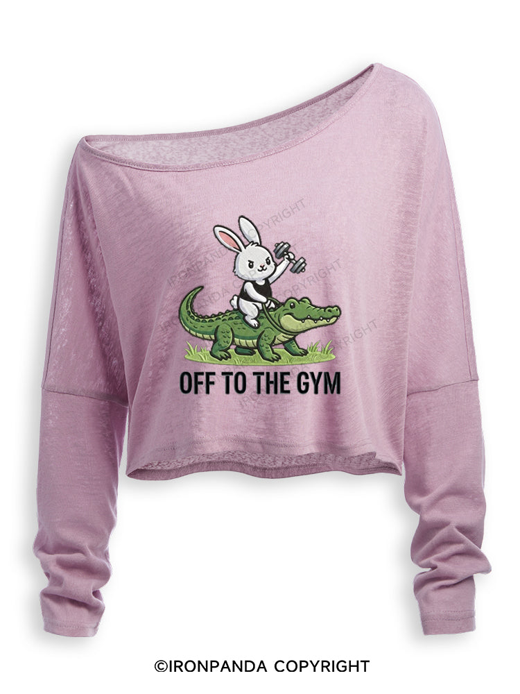 OFF TO THE GYM BUNNY RIDING AN ALLIGATOR Off Shoulder Long Sleeve Crop Top