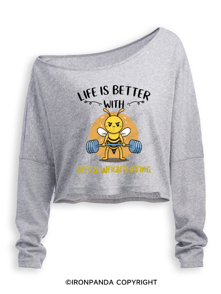 Life Is Better With Bees Weightlifting Off Shoulder Long Sleeve Crop Top