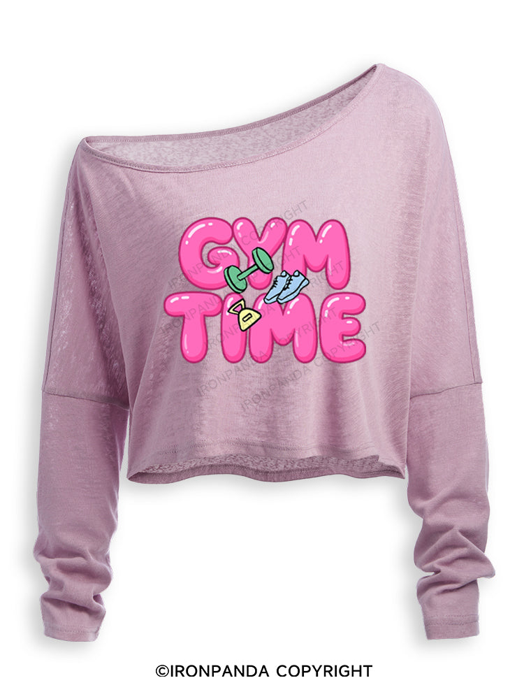 Gym Time Pink Bubble Off Shoulder Long Sleeve Crop Top