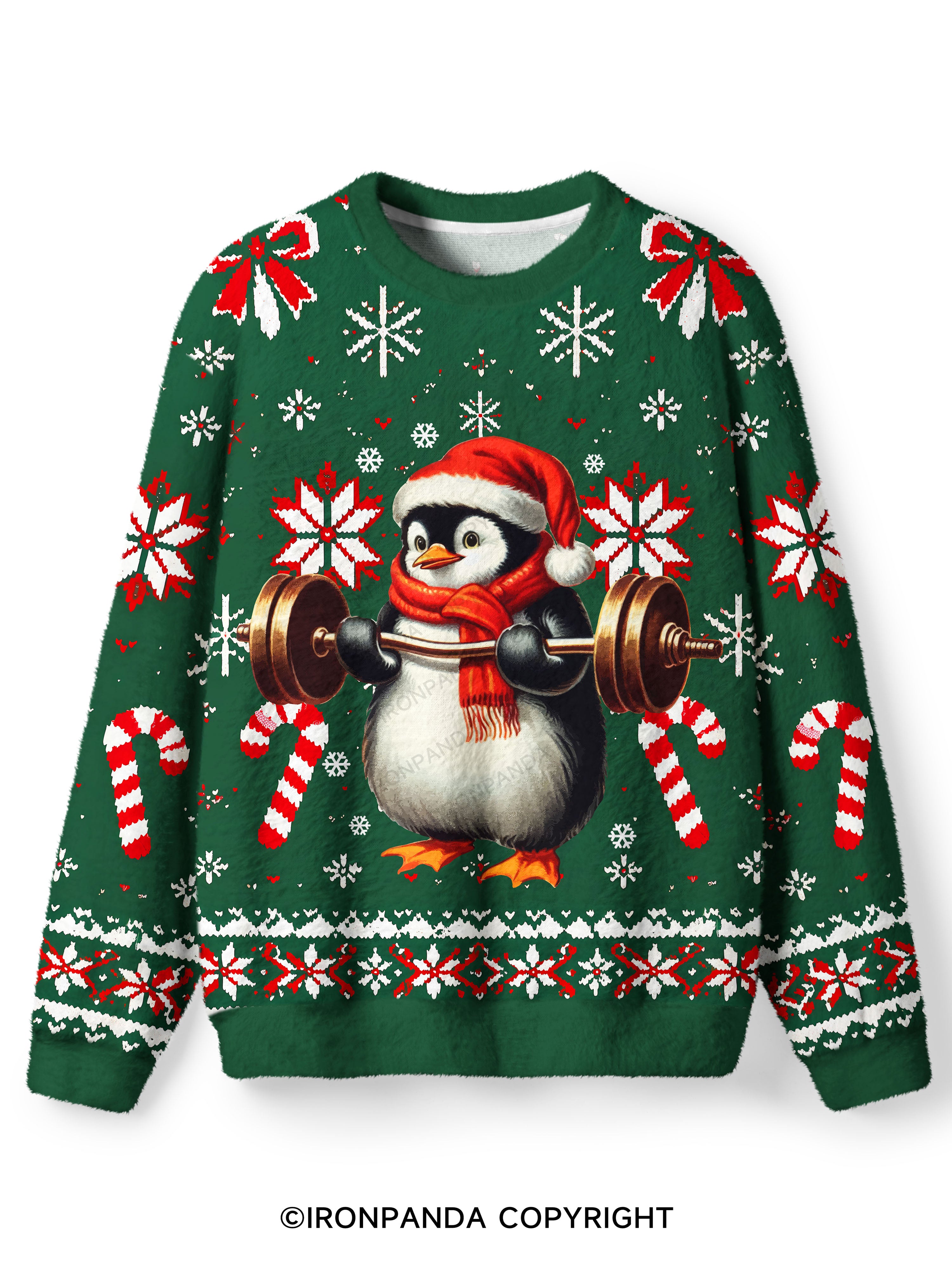 CHRISTMAS DEADLIFT PENGUIN Ugly Fuzzy Fleece Sweater