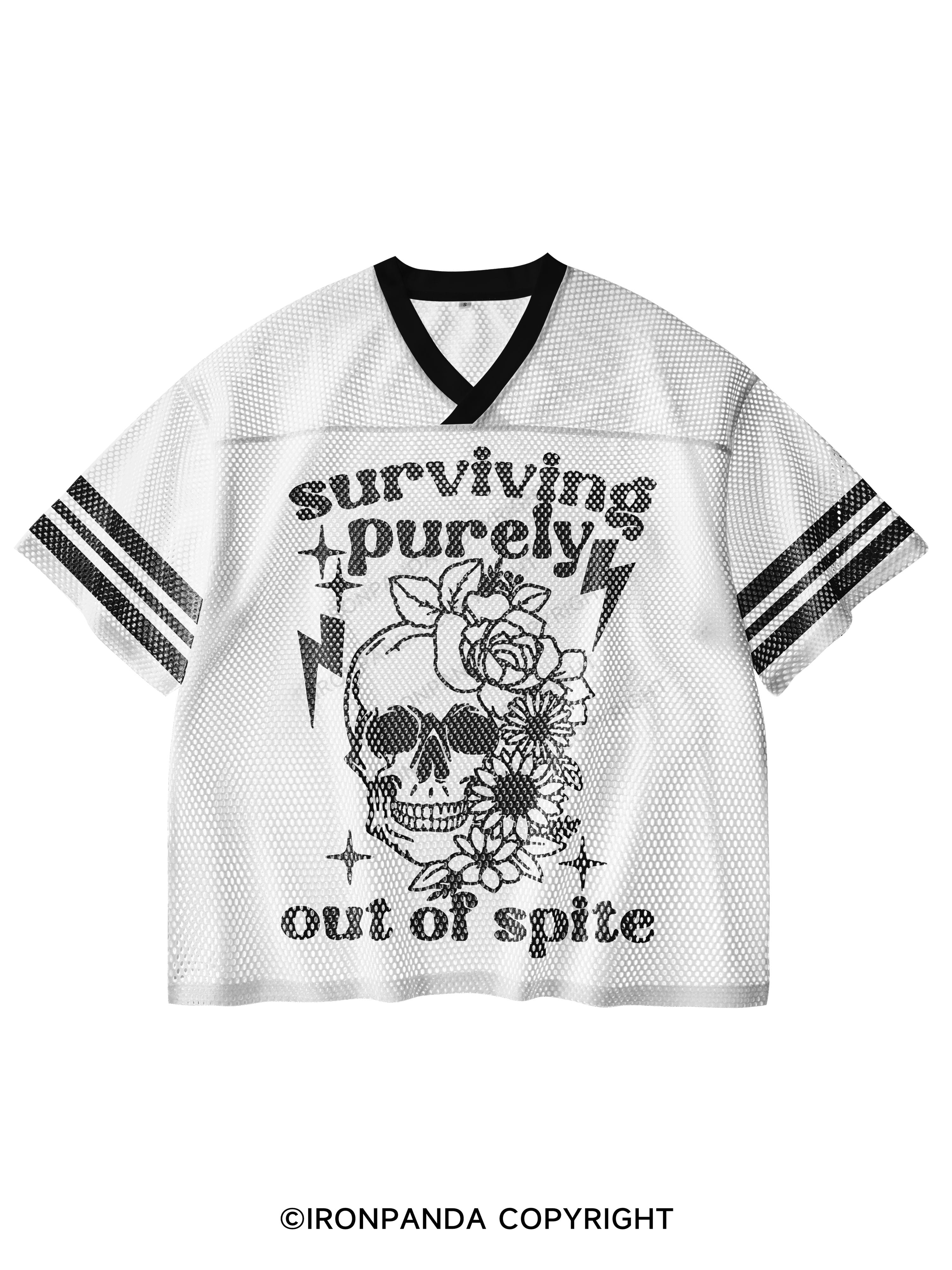 SURVIVING PURELY OUT OF SPITE FUNNY SKULL V-Neck Open Hole Mesh Top