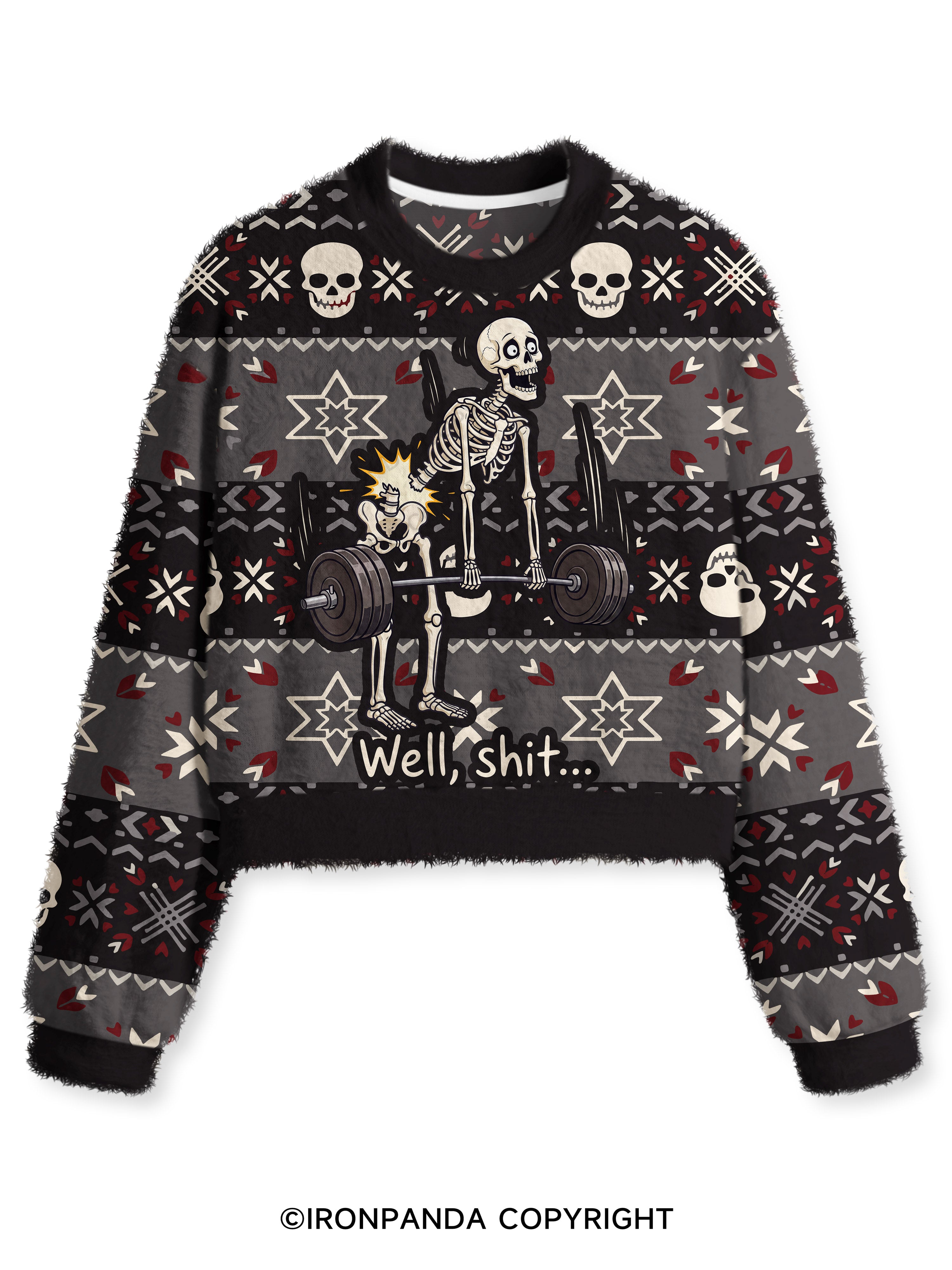Well Shit Skeleton Deadlift Fuzzy Fleece Crop Sweater