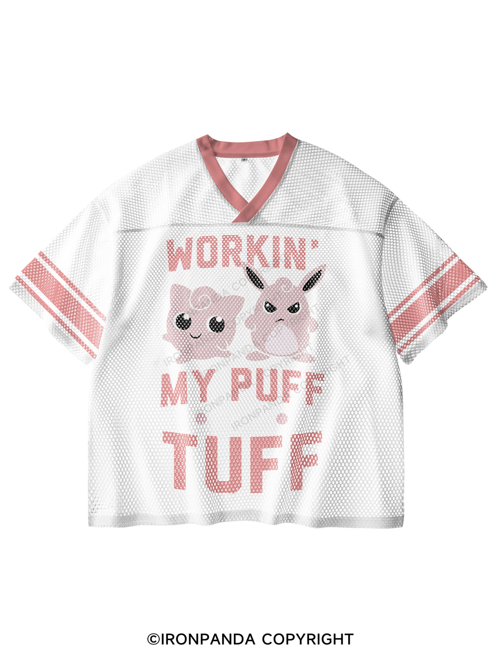 WORKIN MY PUFF INTO TUFF Tri  V-Neck Open Hole Mesh Top