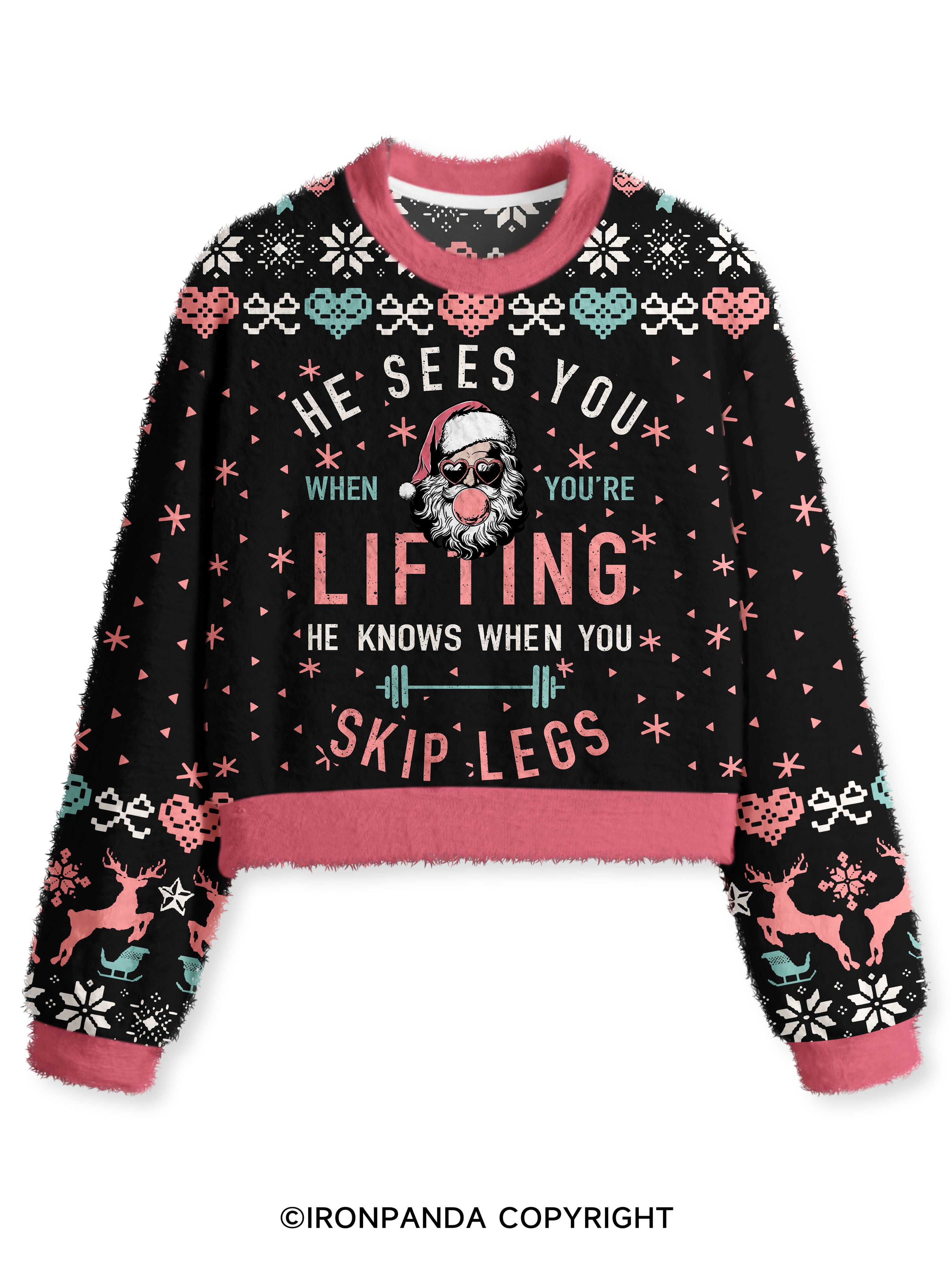 HE SEES YOU WHEN YOU'RE LIFTING Fuzzy Fleece Crop Sweater