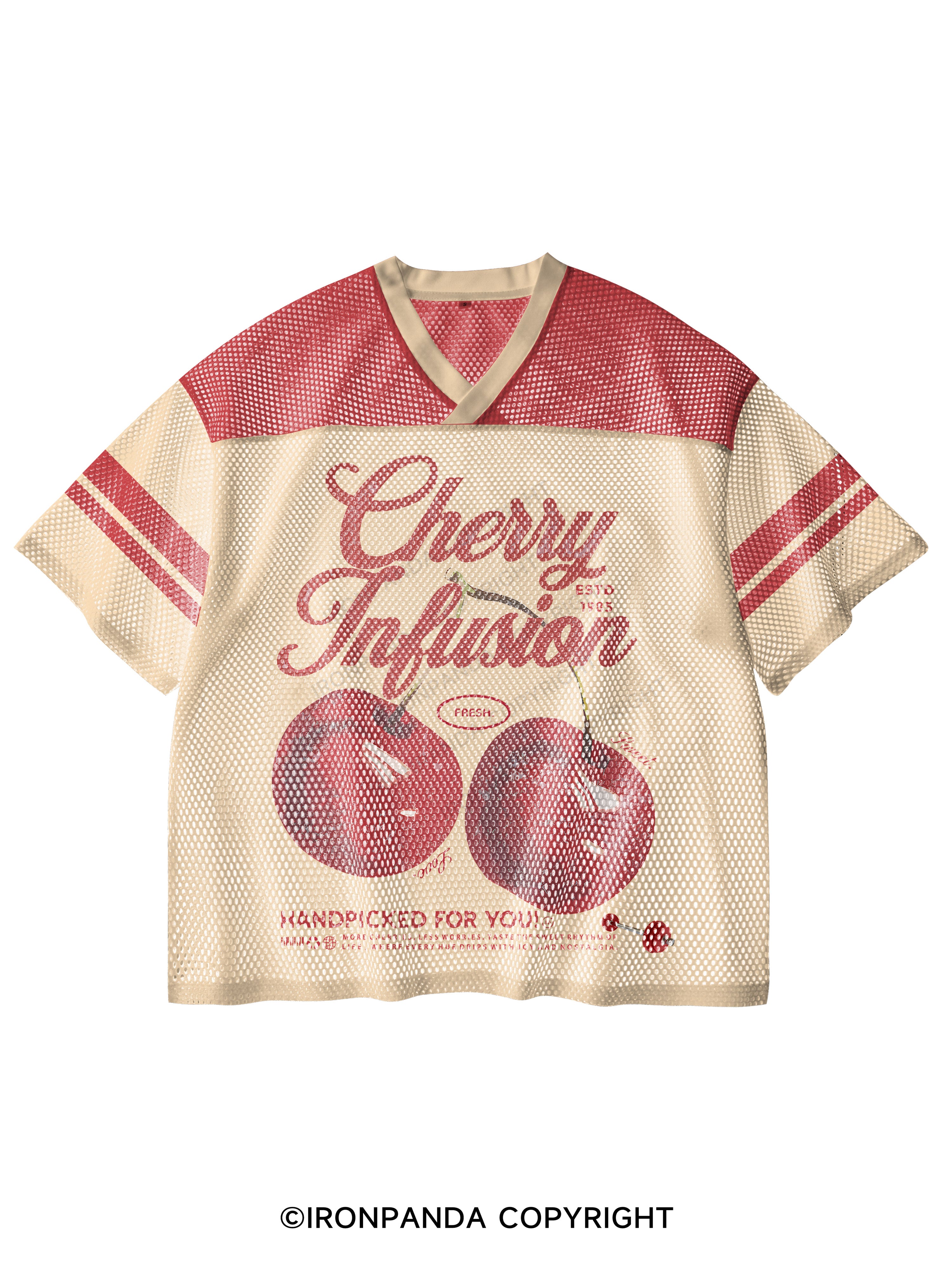Cherry Infusion V-Neck Open Hole Mesh Top