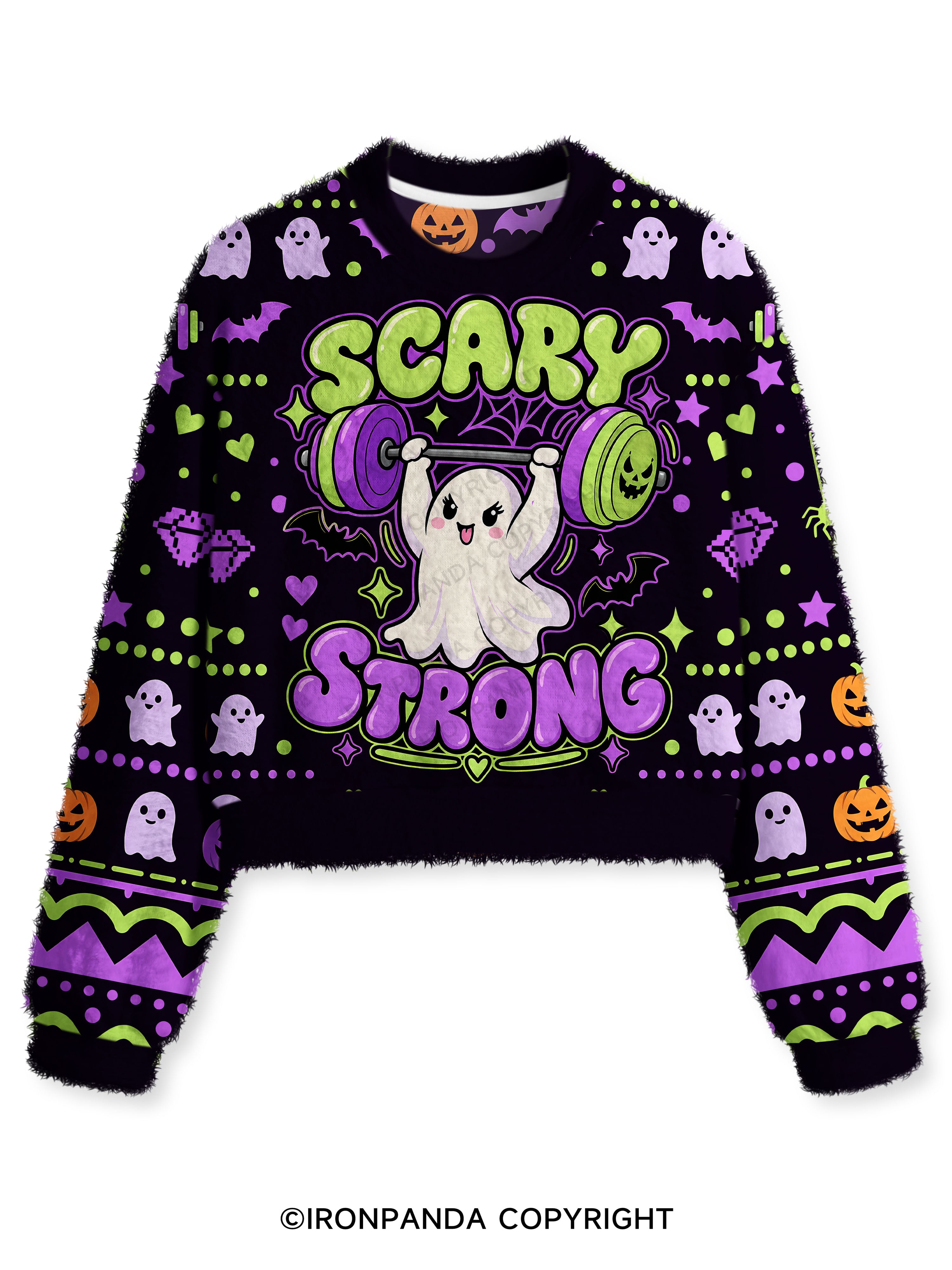 SCARY STRONG HALLOWEEN GHOST Fuzzy Fleece Crop Sweater