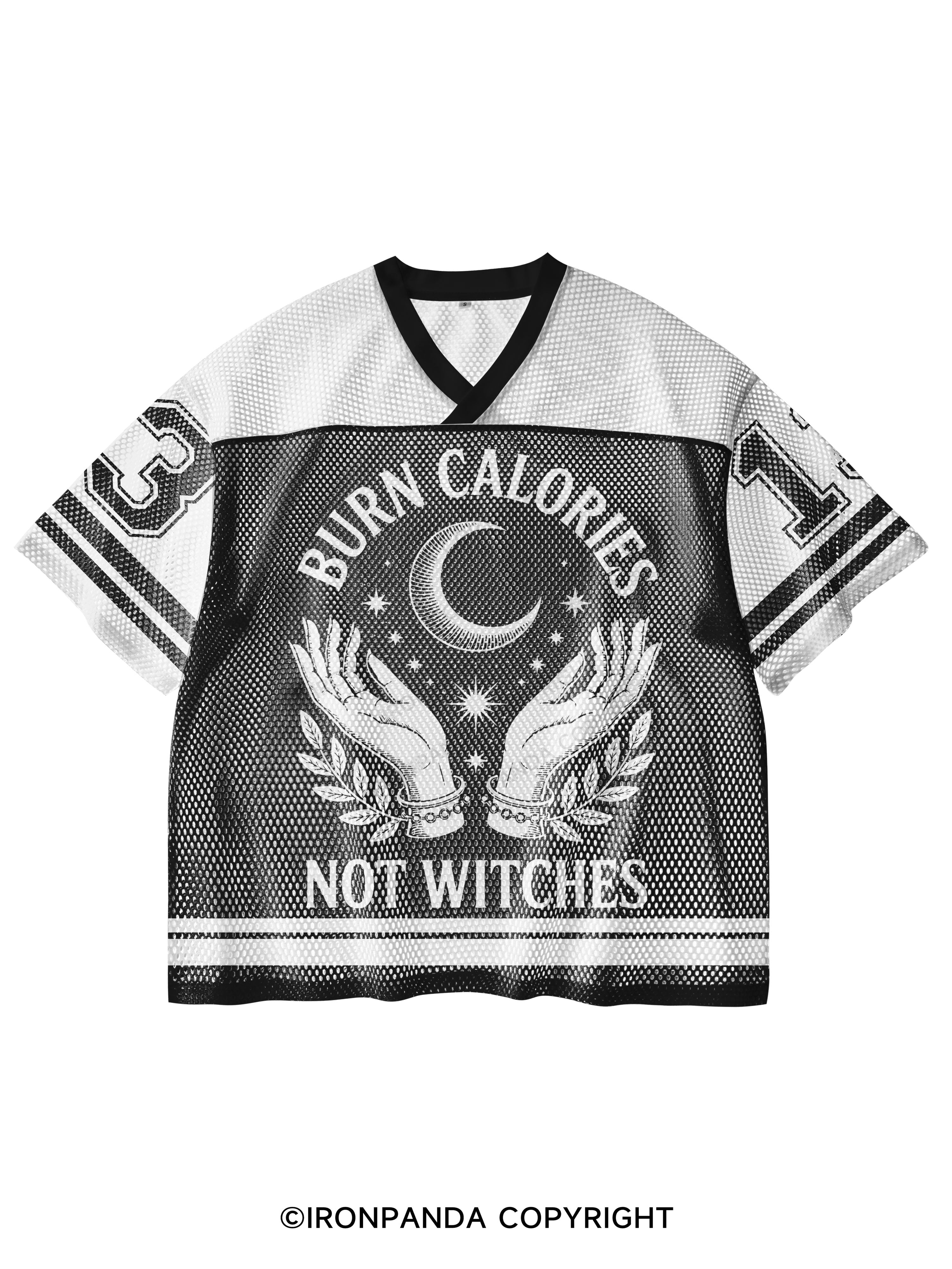 BURN CALORIES NOT WITCHES V-Neck Open Hole Mesh Top