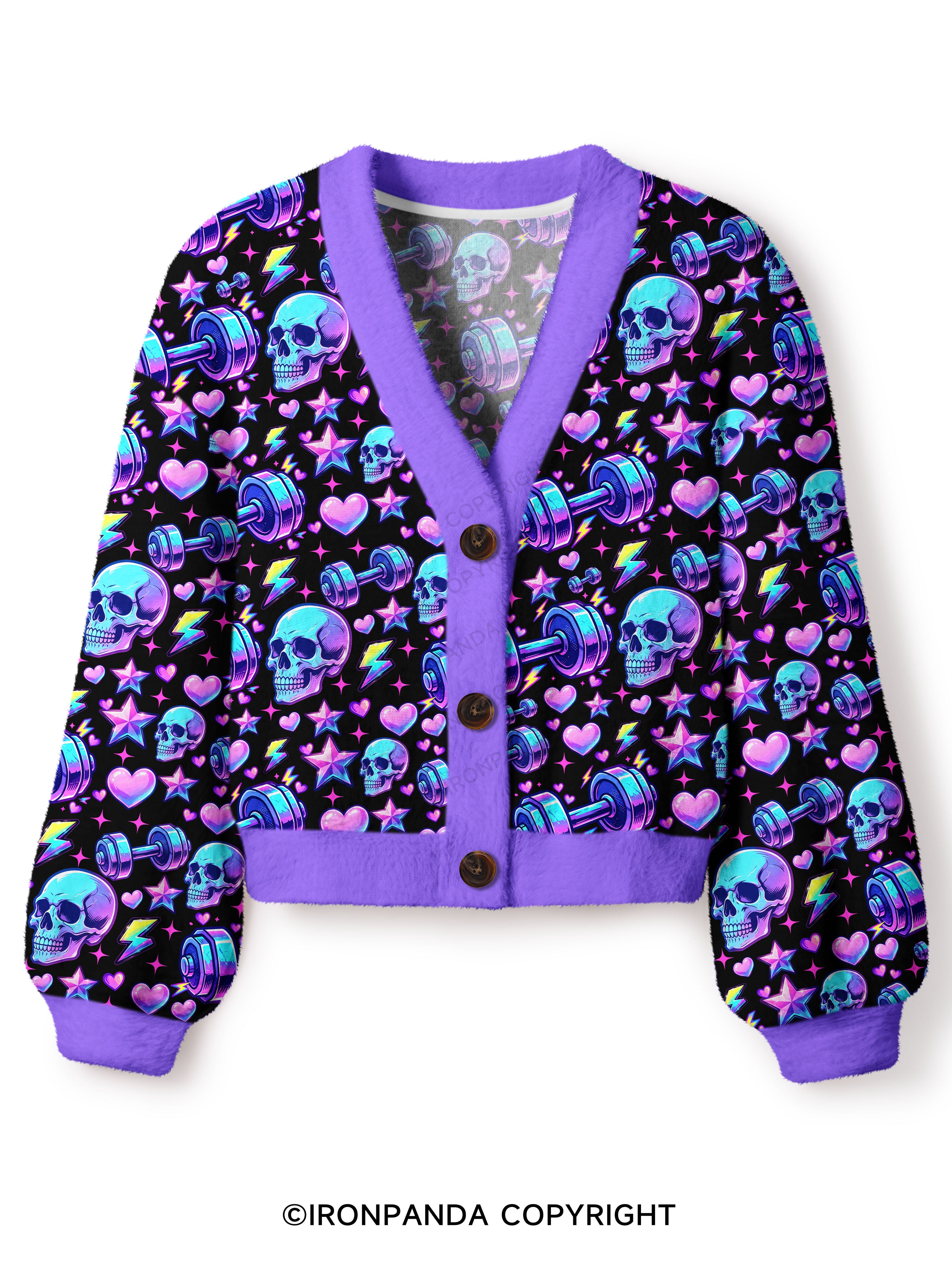 Weightlifting Skull Crop Ugly Cardigan Sweater