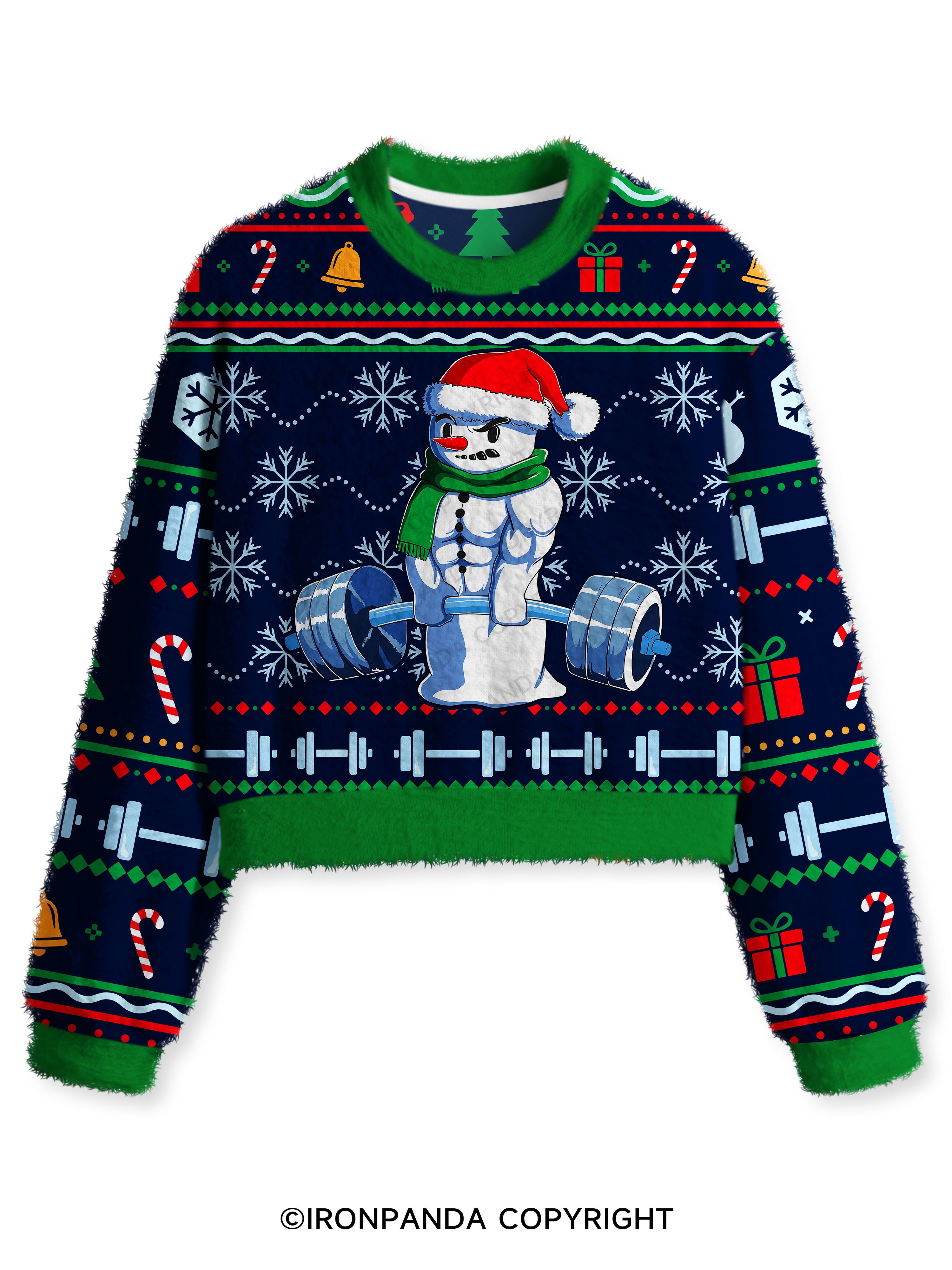 weightlifting snowman Fuzzy Fleece Crop Sweater
