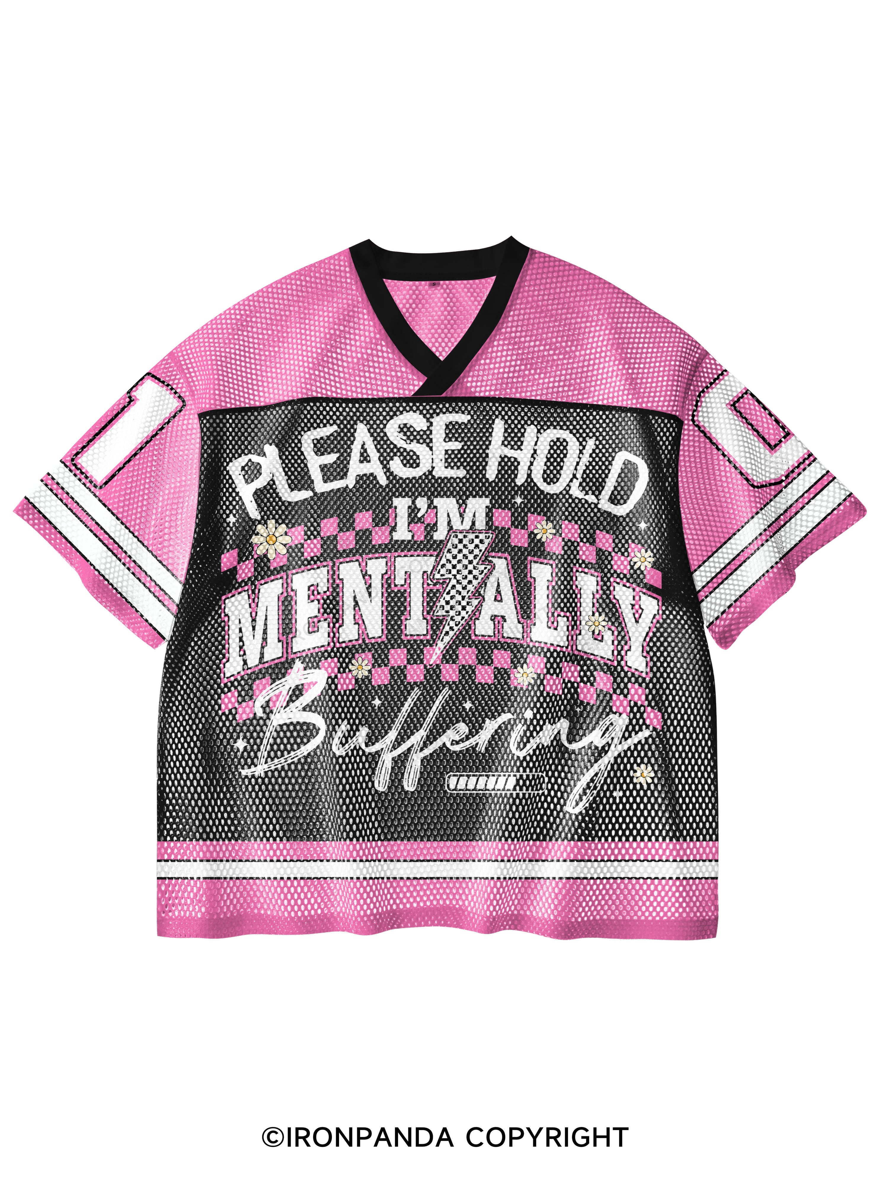 PLEASE HOLD I'M MENTALLY BUFFERING V-Neck Open Hole Mesh Top