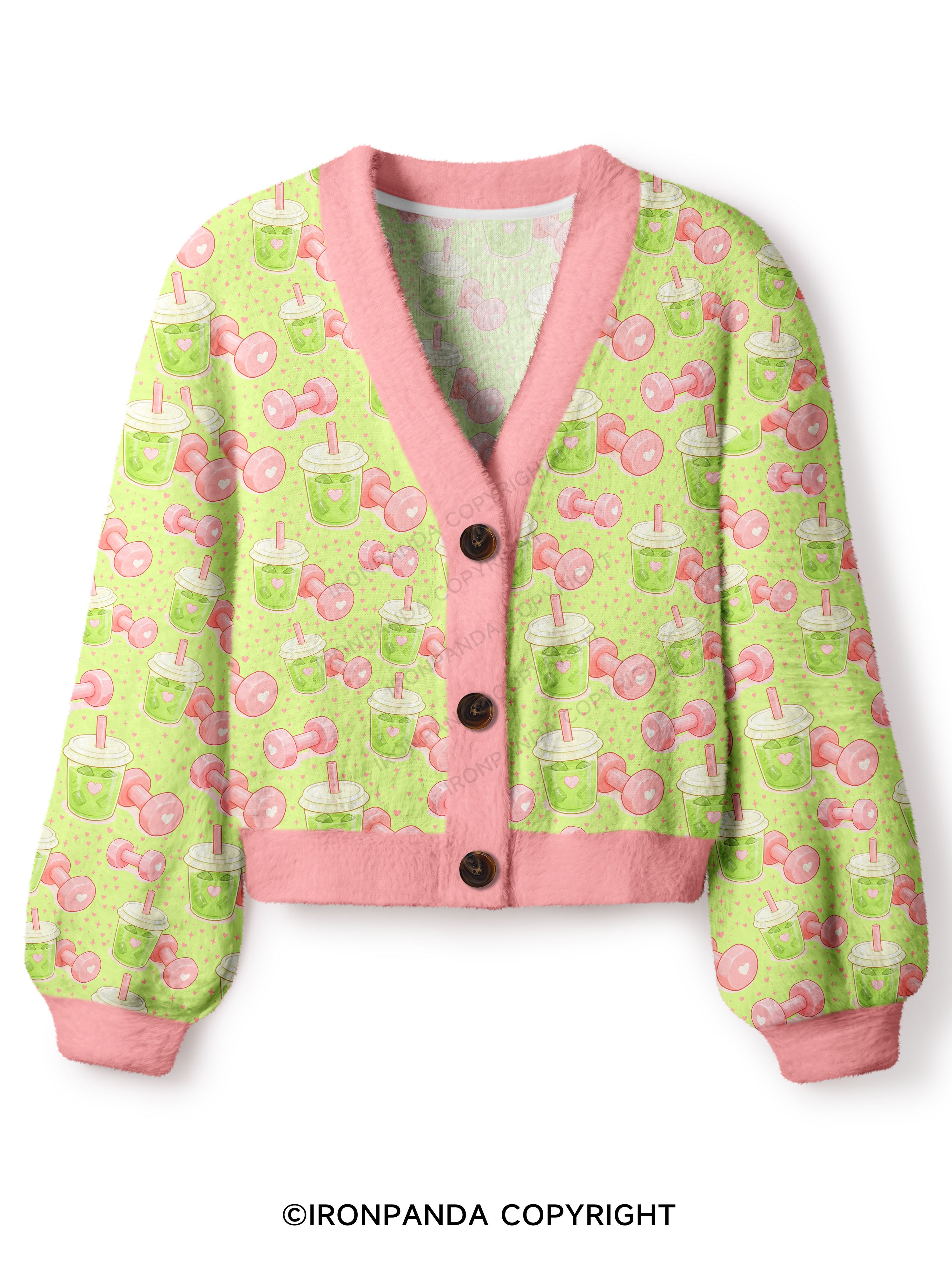 MATCHA & DUMBBELLS Crop Ugly Cardigan Sweater