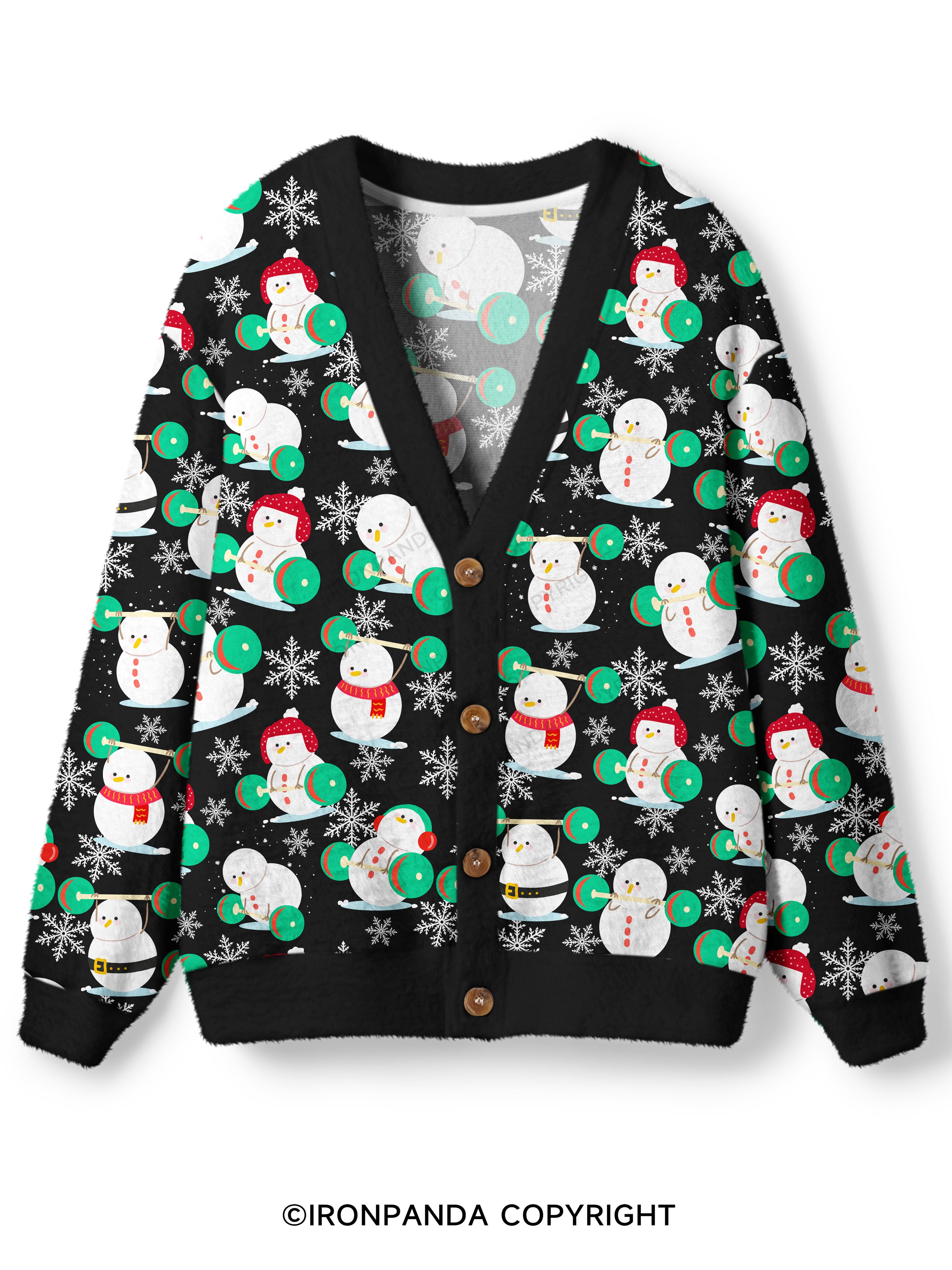 Snowman team weightlifting Ugly Cardigan Sweater