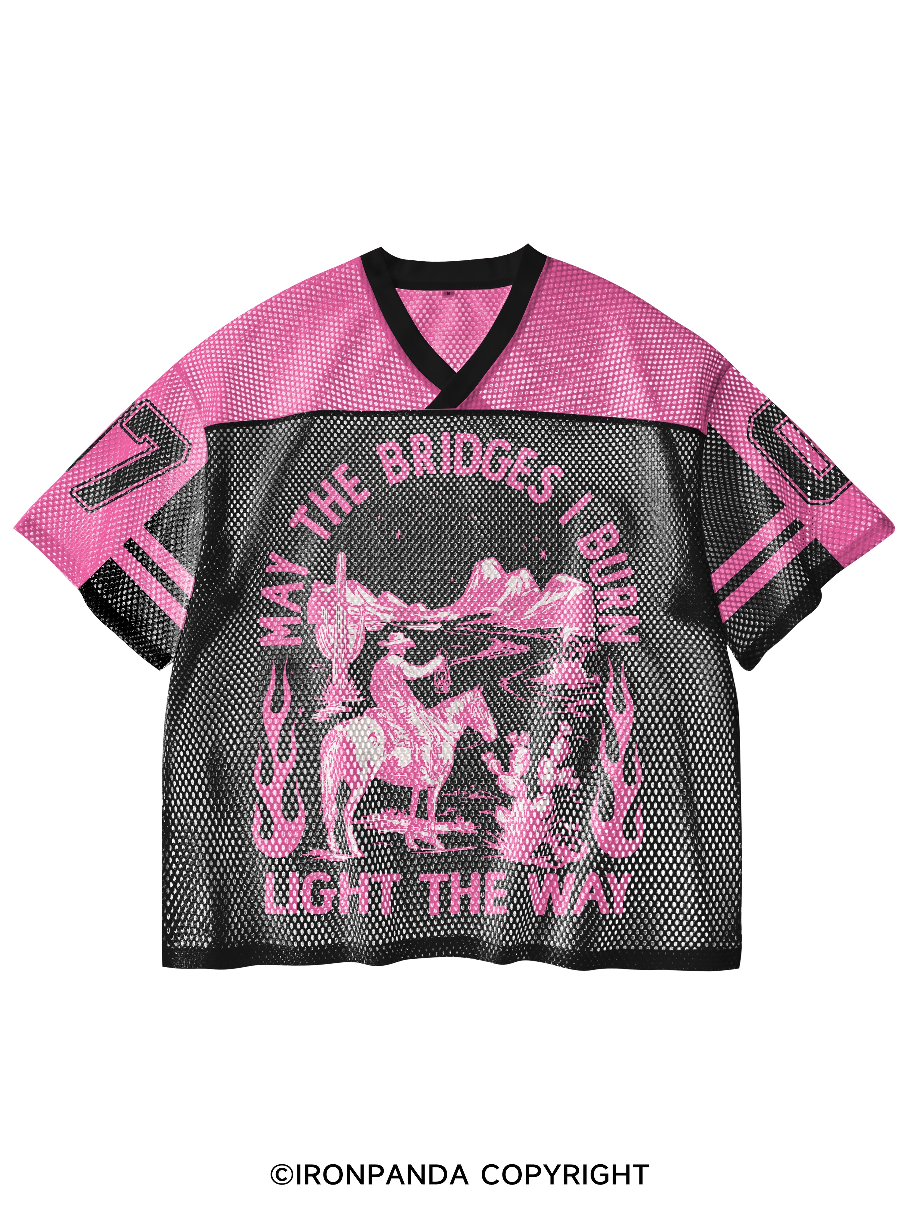 MAY THE BRIDGES I BURN LIGHT THE WAY  V-Neck Open Hole Mesh Top