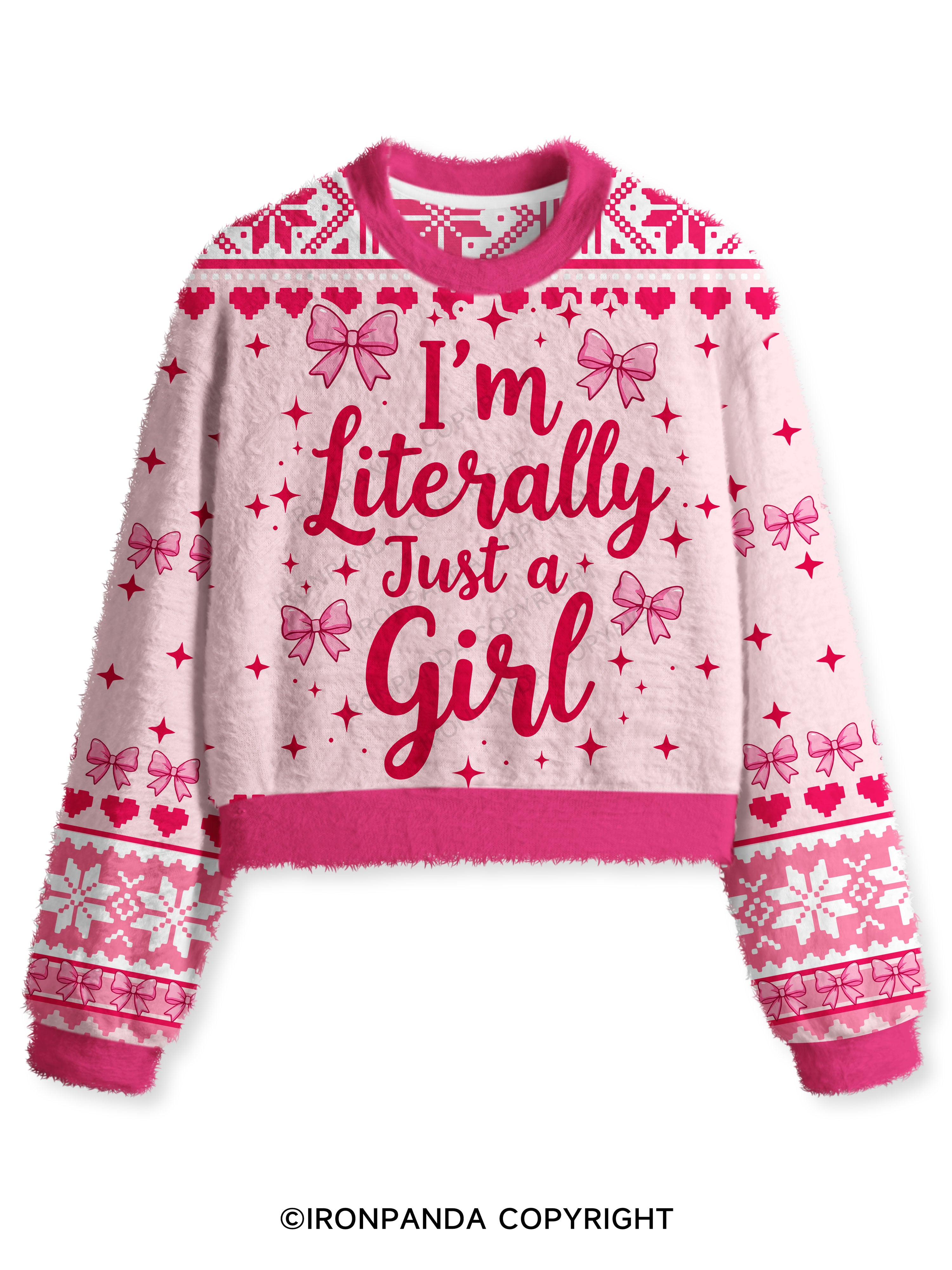 I'M LITERALLY JUST A GIRL PINK Fuzzy Fleece Crop Sweater