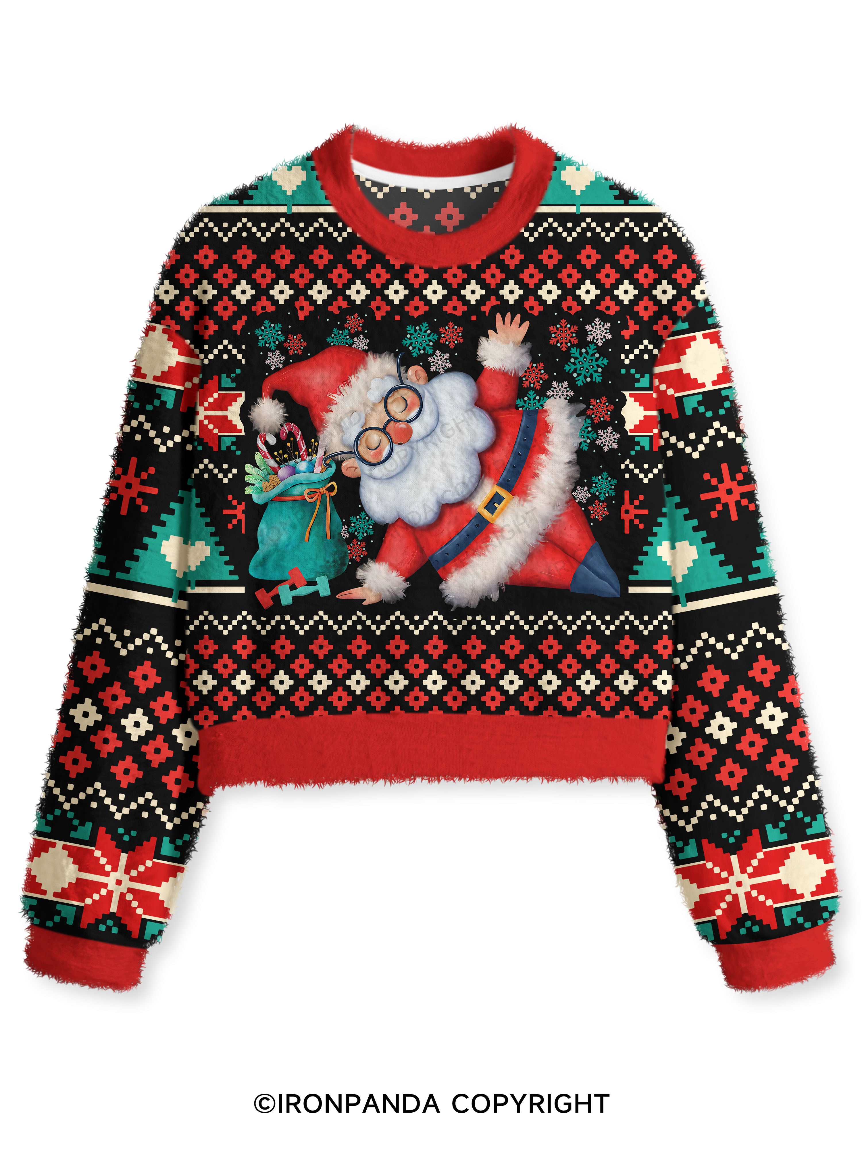Funny Christmas Santa Knows When You Workout Fuzzy Fleece Crop Sweater