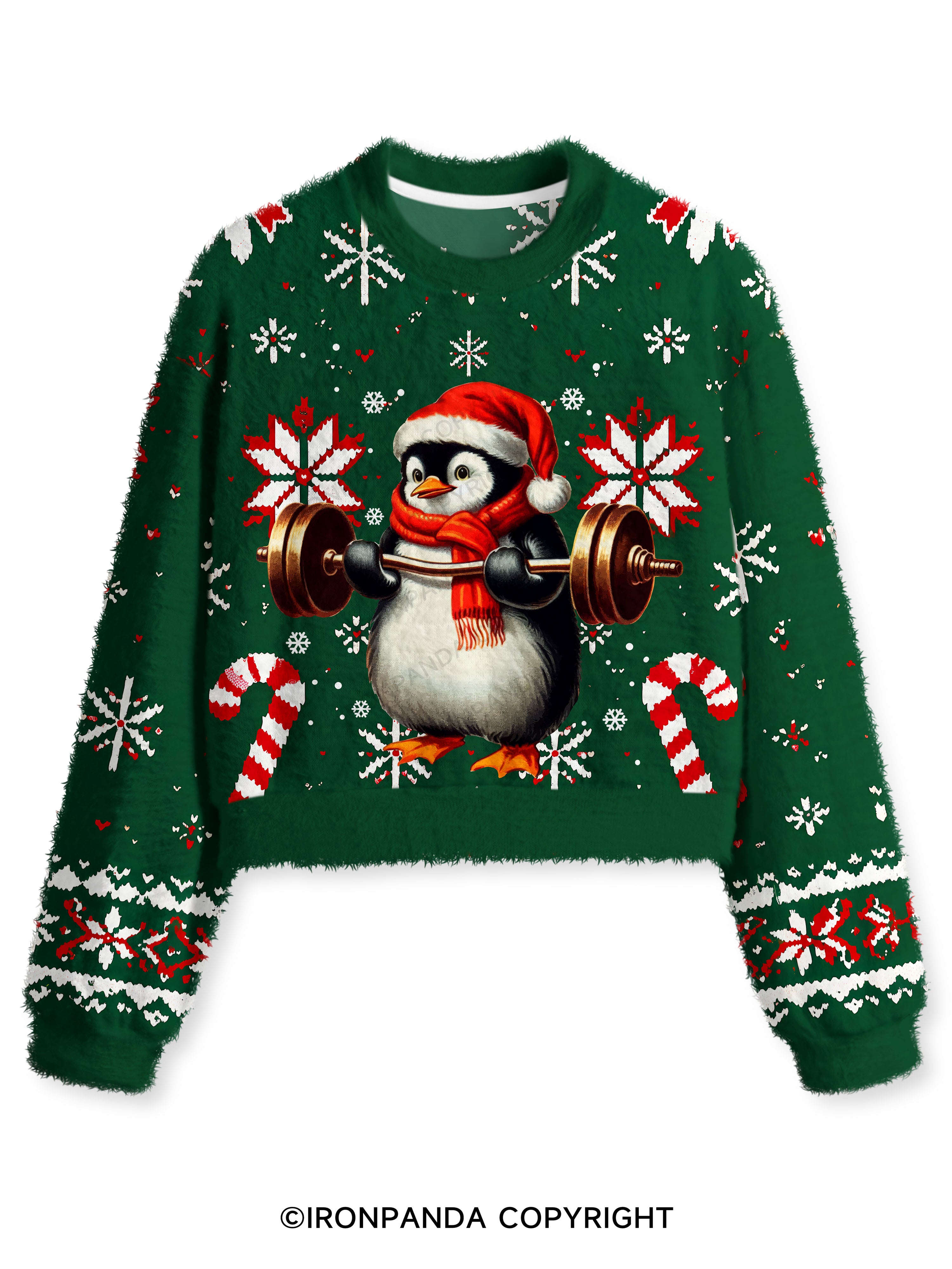 CHRISTMAS DEADLIFT PENGUIN Fuzzy Fleece Crop Sweater