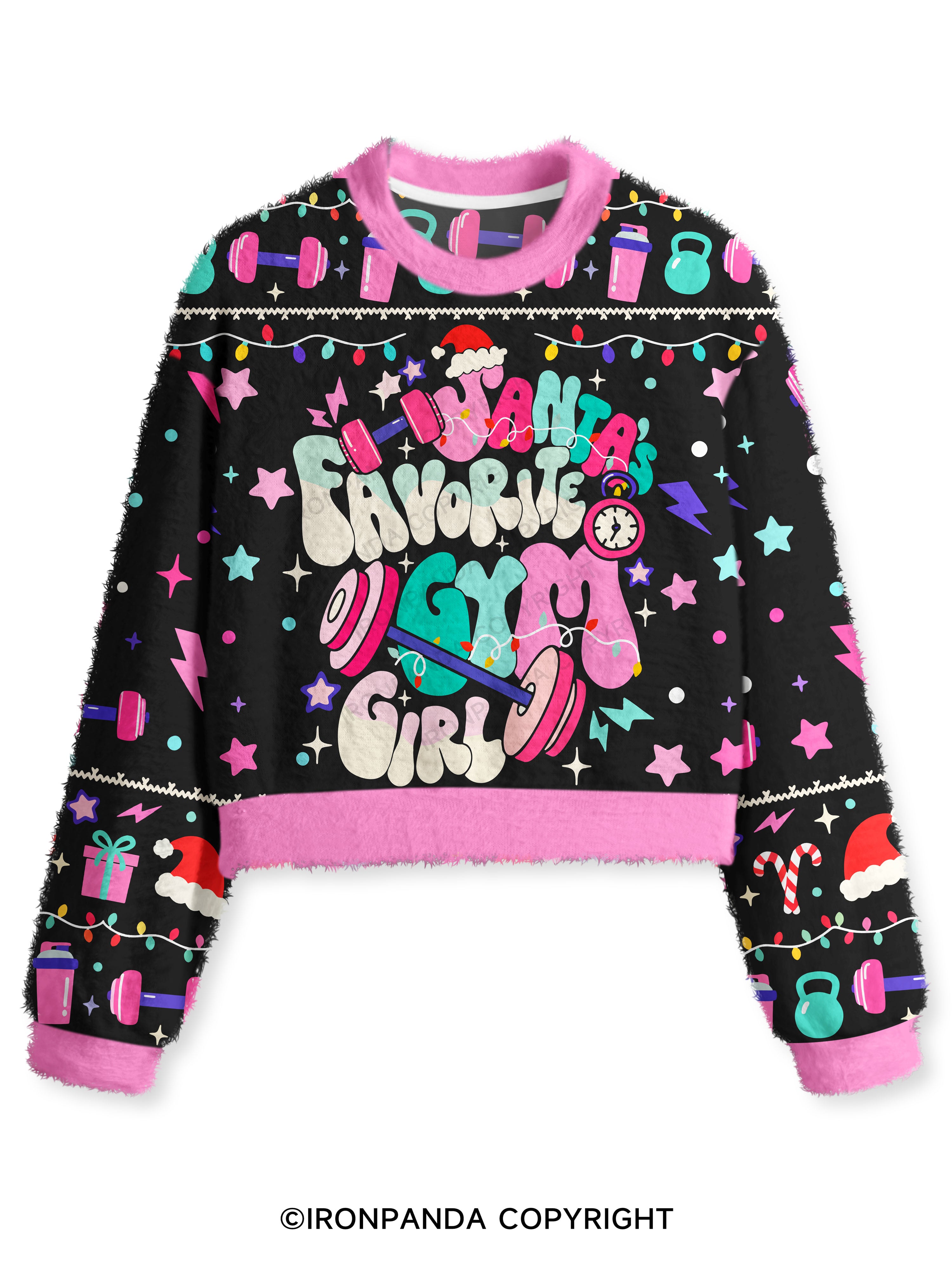 Santa Favorite Gym Girl Fuzzy Fleece Crop Sweater