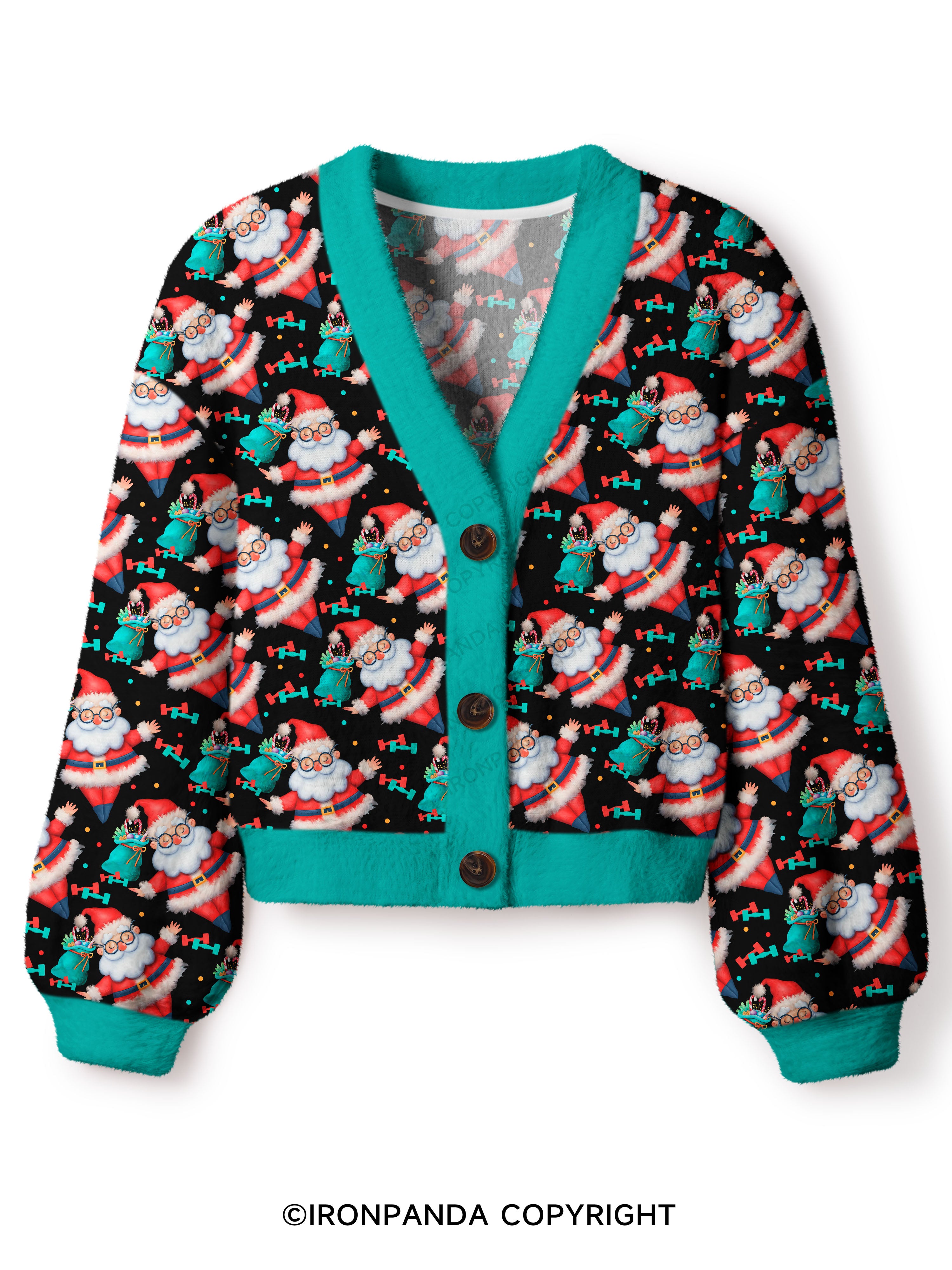 Funny Christmas Santa Knows When You Workout Crop Ugly Cardigan Sweater