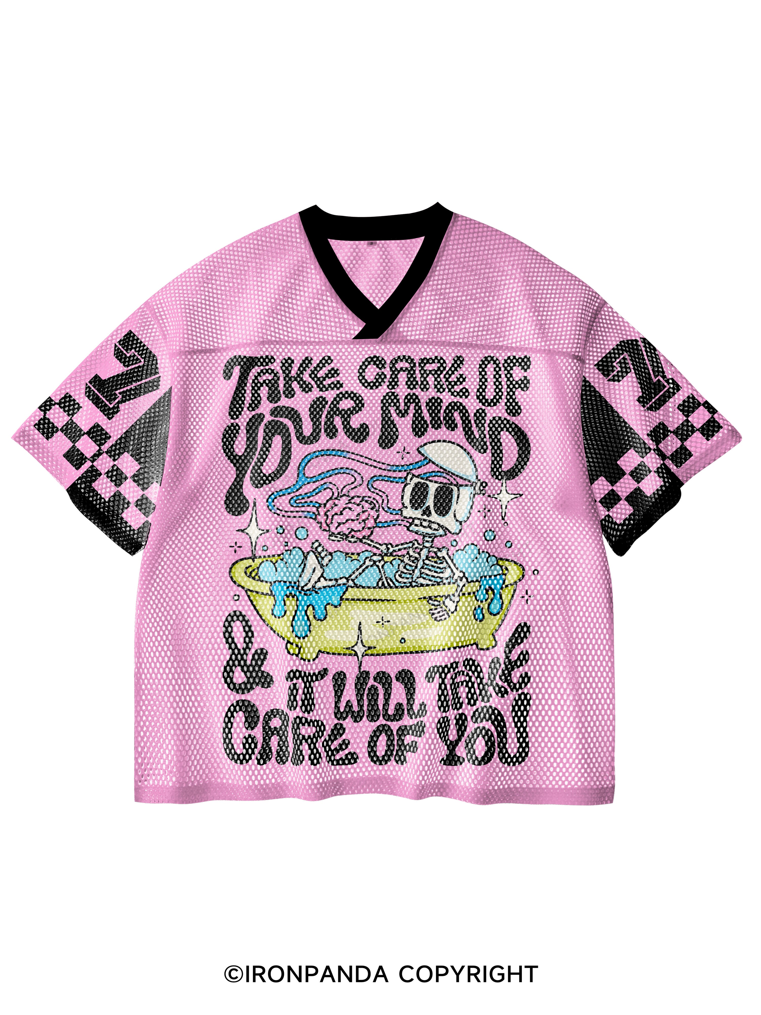 TAKE CARE OF YOUR MIND & IT WILL TAKE CARE OF YOU V-Neck Open Hole Mesh Top