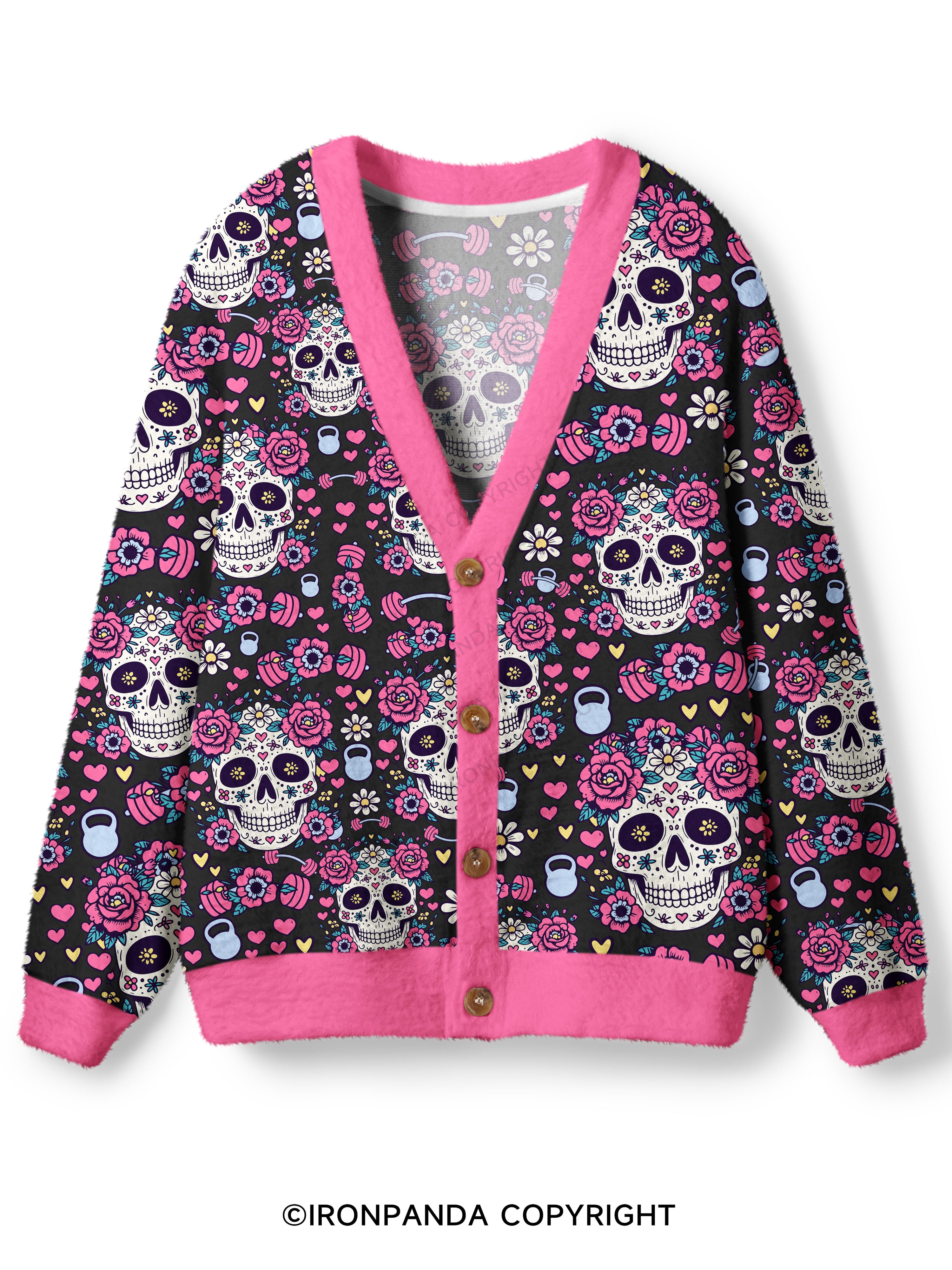 Floral Skull Fitness Workout Ugly Cardigan Sweater