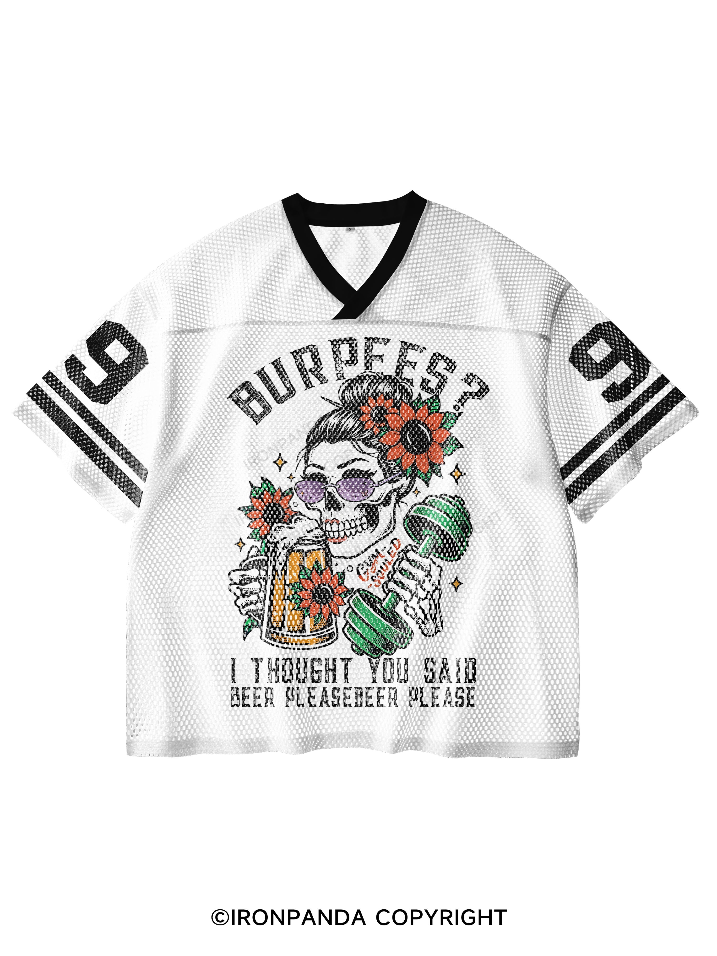 BURPEES ？I THOUGHT YOU SAID BEER PLEASE V-Neck Open Hole Mesh Top