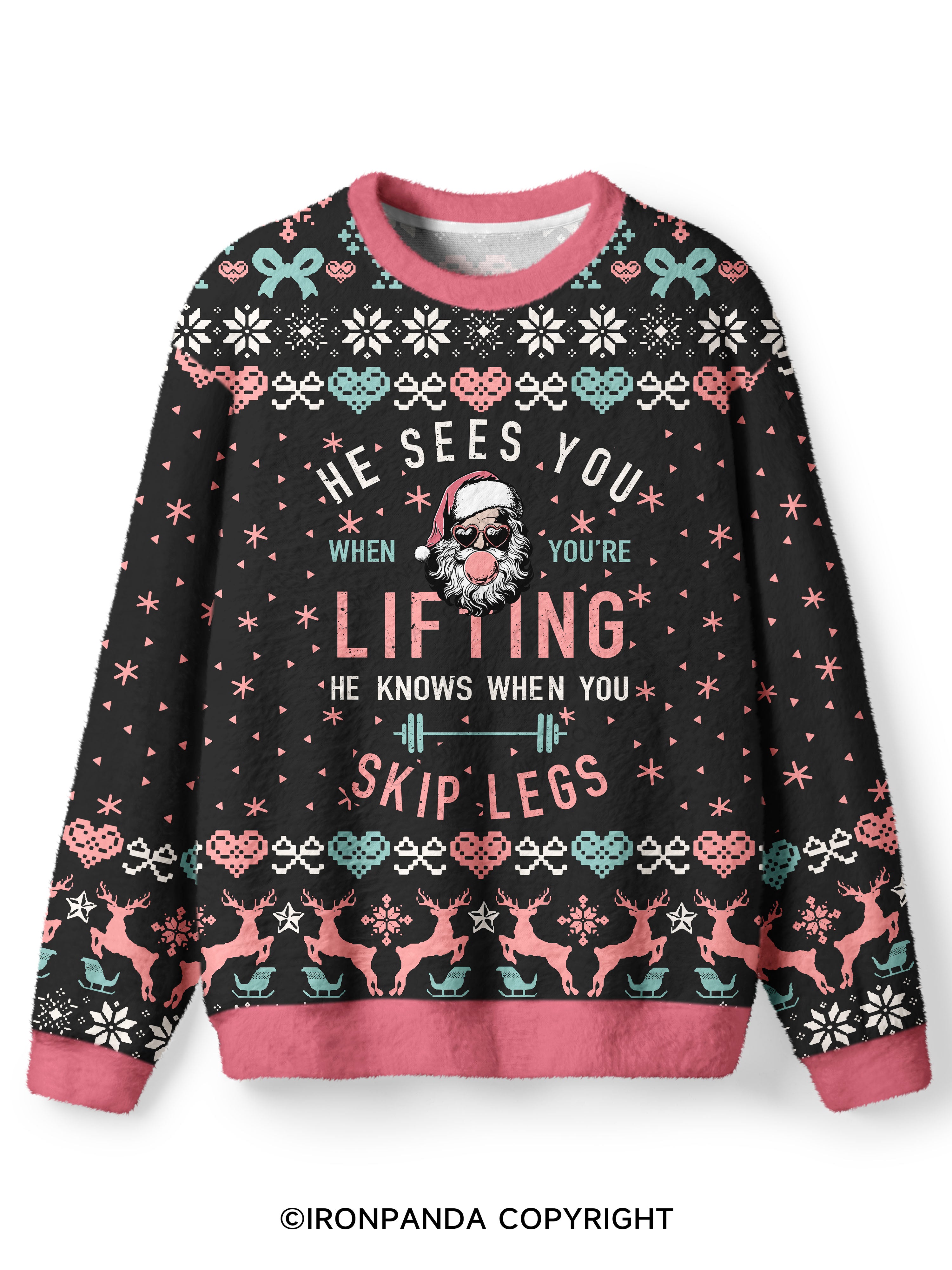 HE SEES YOU WHEN YOU'RE LIFTING Ugly Fuzzy Fleece Sweater