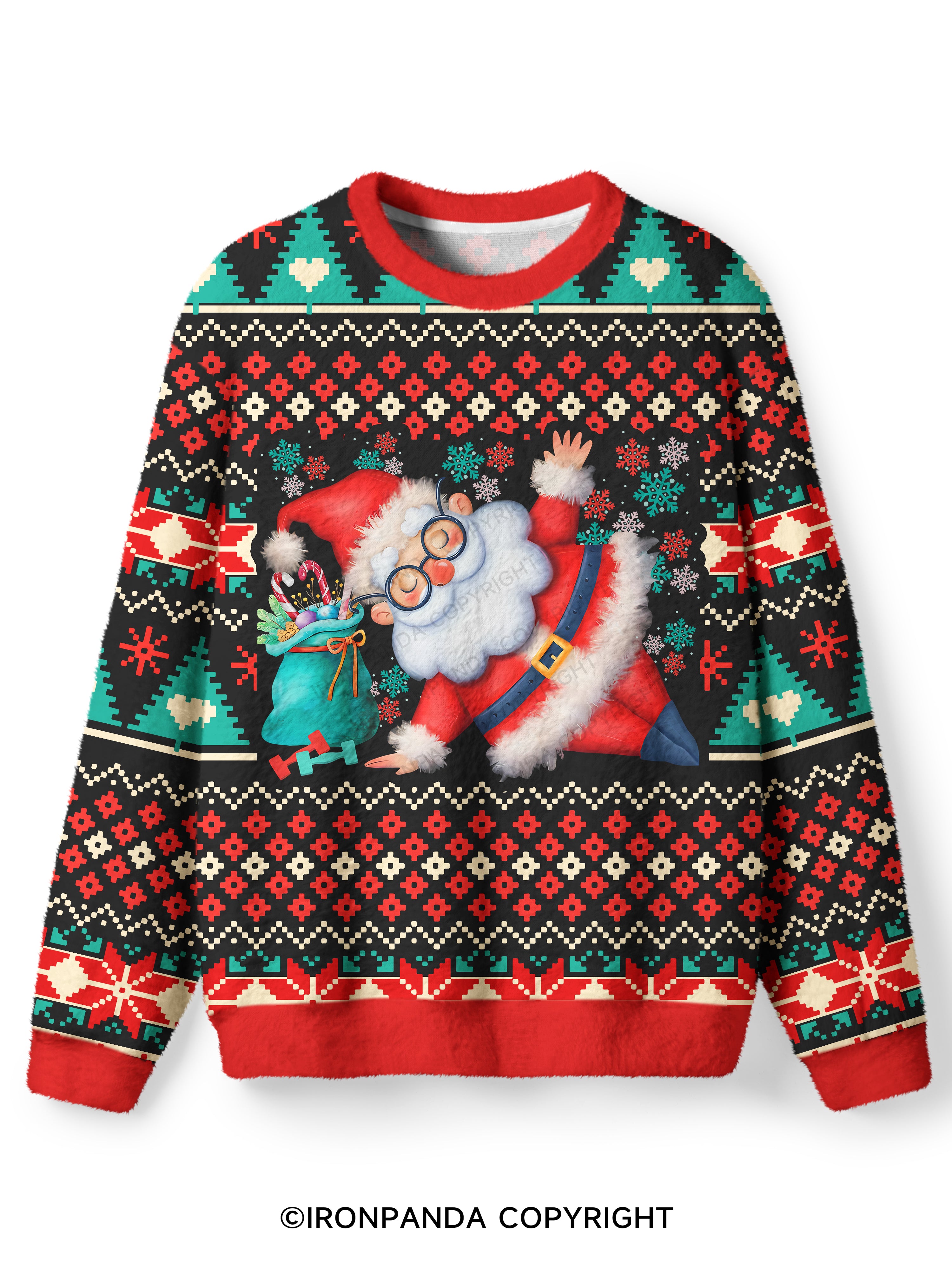Funny Christmas Santa Knows When You Workout Ugly Fuzzy Fleece Sweater
