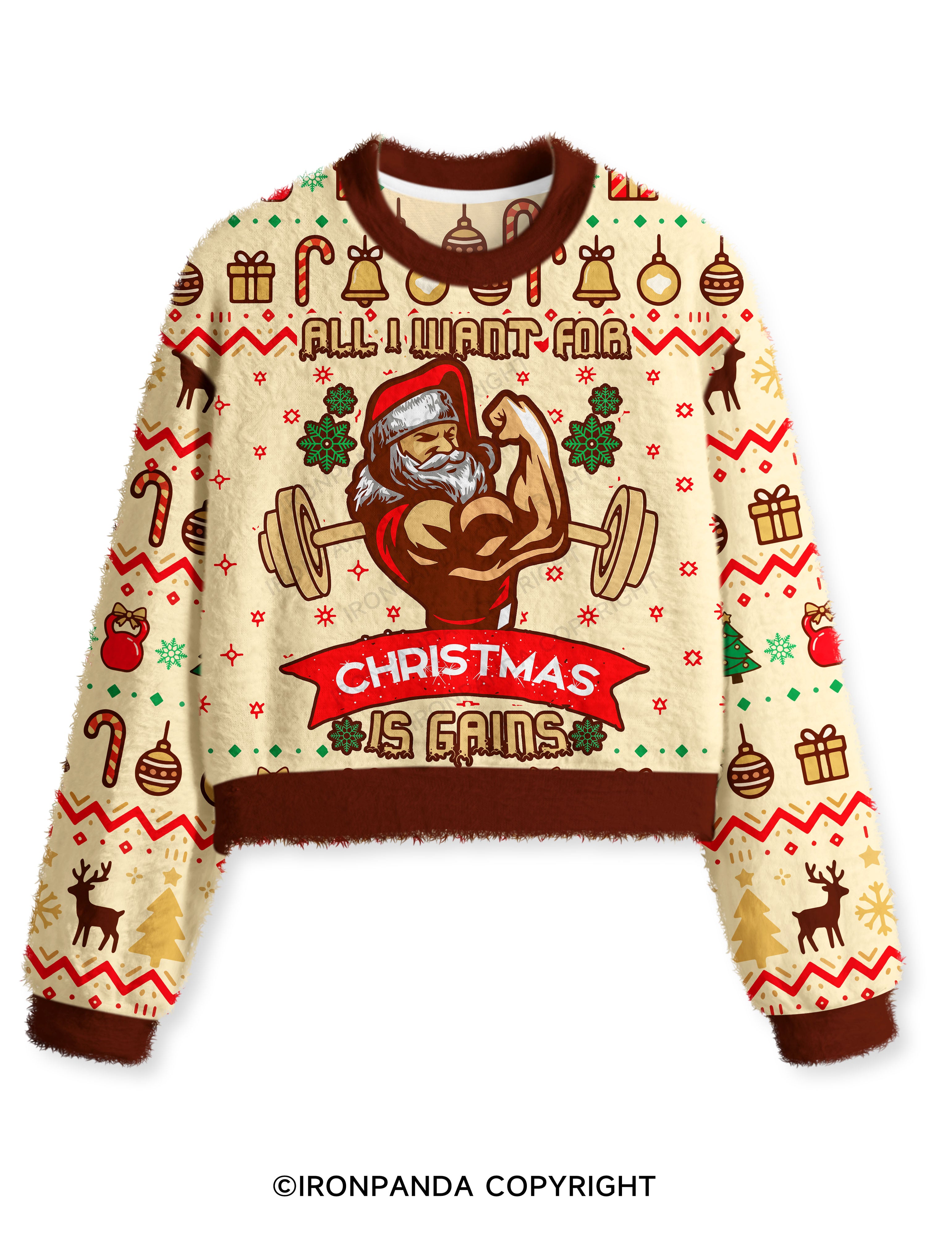 Christmas Workout Funny Motivation Fuzzy Fleece Crop Sweater