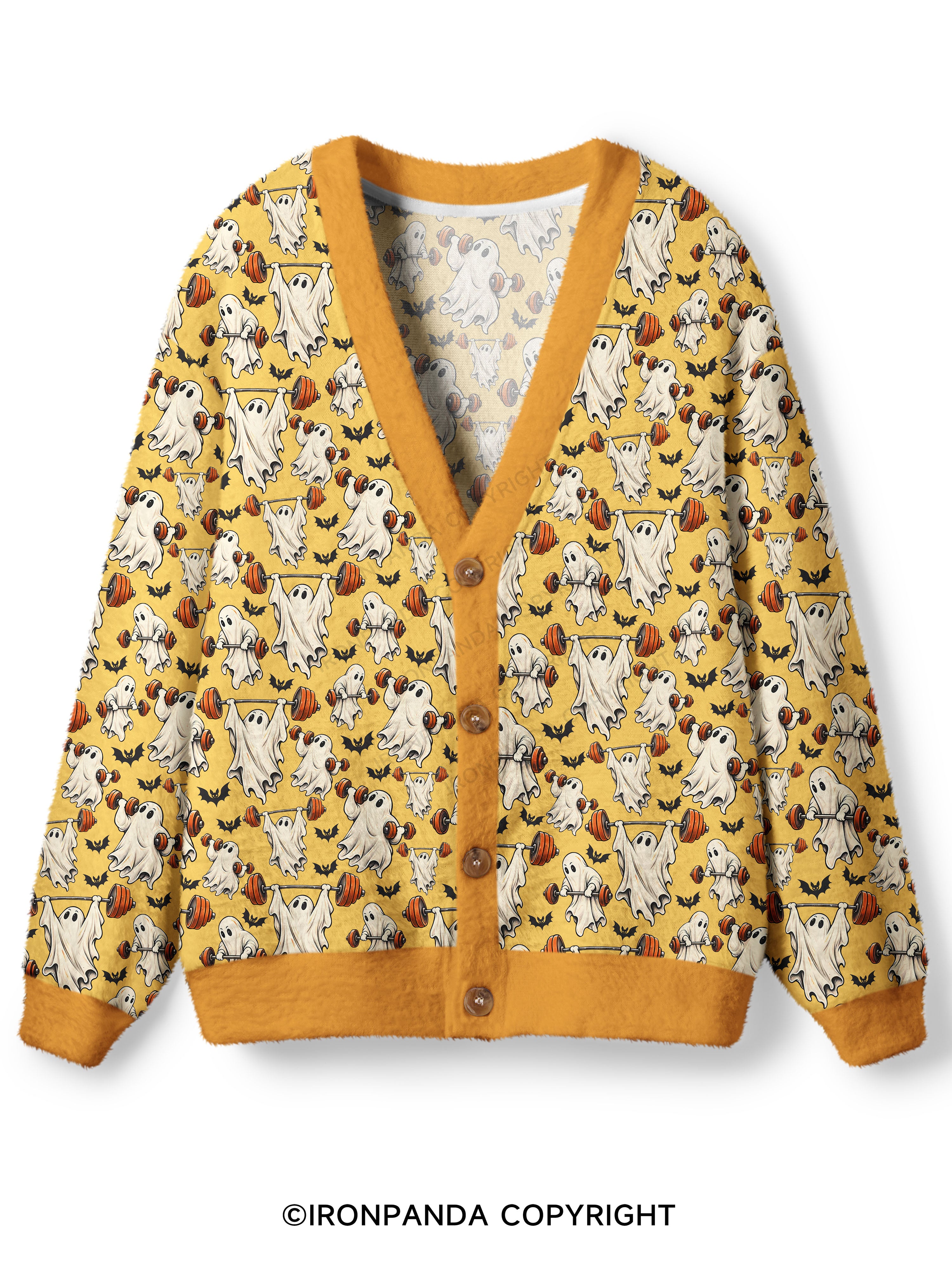 Weightlifting Ghost Spooky Workout Ugly Cardigan Sweater