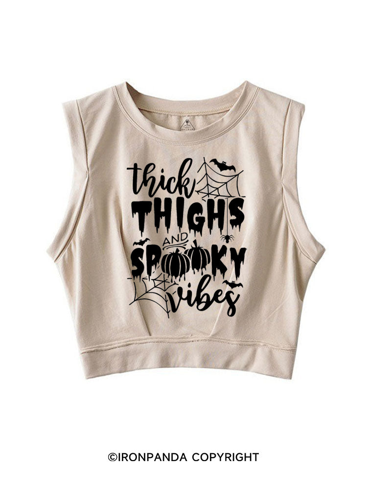 THICK THIGHS AND SPOOKY VIBES PUMPKIN HALLOWEEN SLEEVELESS CROP TOPS