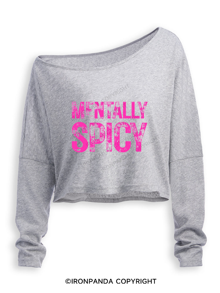 MENTALLY SPICY FUNNY GYM Off Shoulder Long Sleeve Crop Top